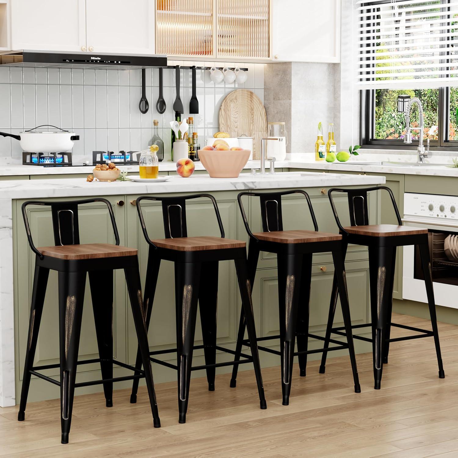 Bar Stools Set of 4 Metal Bar Stool Counter Height Bar Stools 26" Black Modern Bar Chairs with Back and Wooden Seat Bar Stools Counter Height