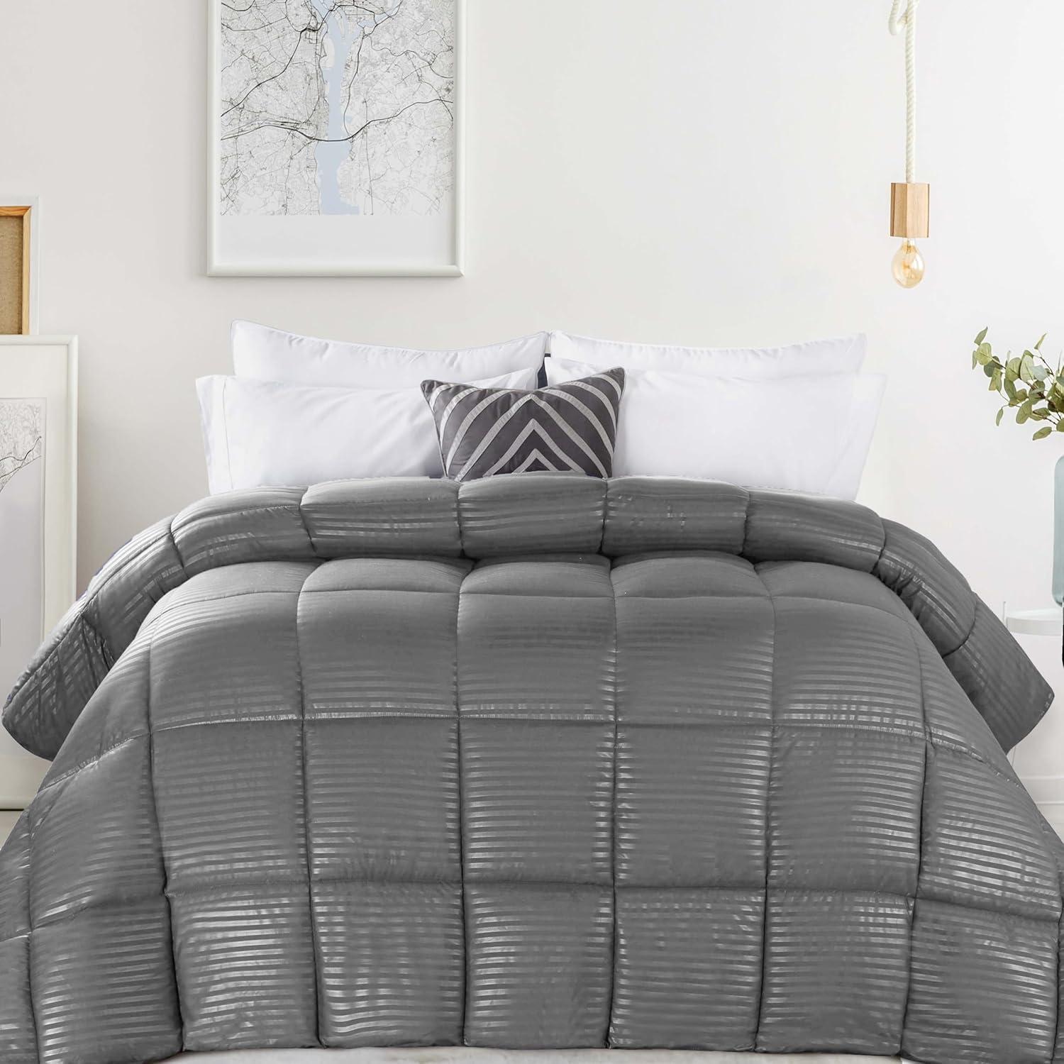 Superior Striped Reversible Box-Quilt Brushed Microfiber Medium Weight Down Alternative Comforter