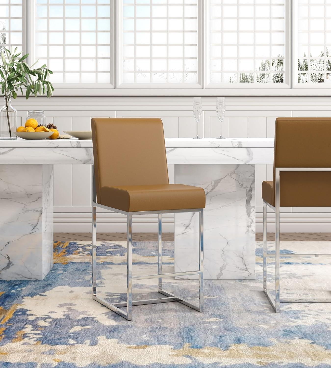 Manhattan Comfort Set of 3 Element Upholstered Stainless Steel Counter Height Barstools Pearl White: Faux Leather, No Assembly Required