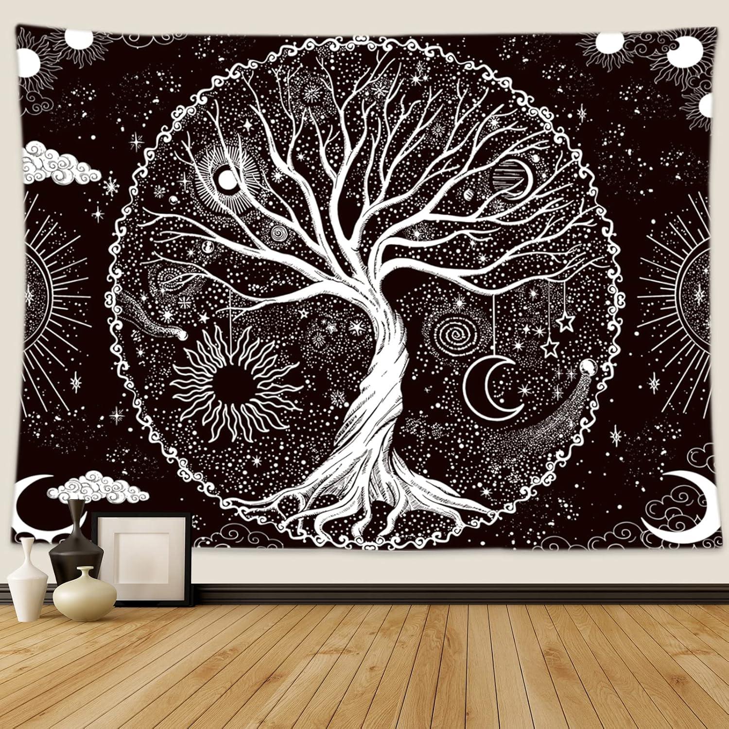 BCIIG Tree of Life Tapestry Wall Hanging Black and White Wishing Tree Galaxy Space Sun & Moon Tapestry Psychedelic Mystical Aesthetics Wall Hanging Living Room Bedroom Cosmic Tree