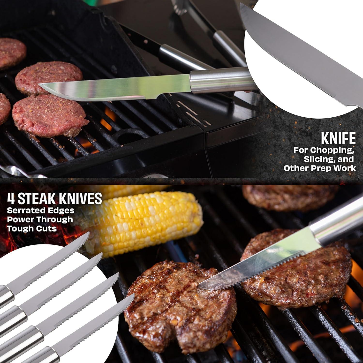 BBQ Grill Accessories Kit - 19-Piece Stainless-Steel Grilling Tools Set with Carrying Case - Camping Utensils for Summer Outdoor Cooking by Chef Buddy