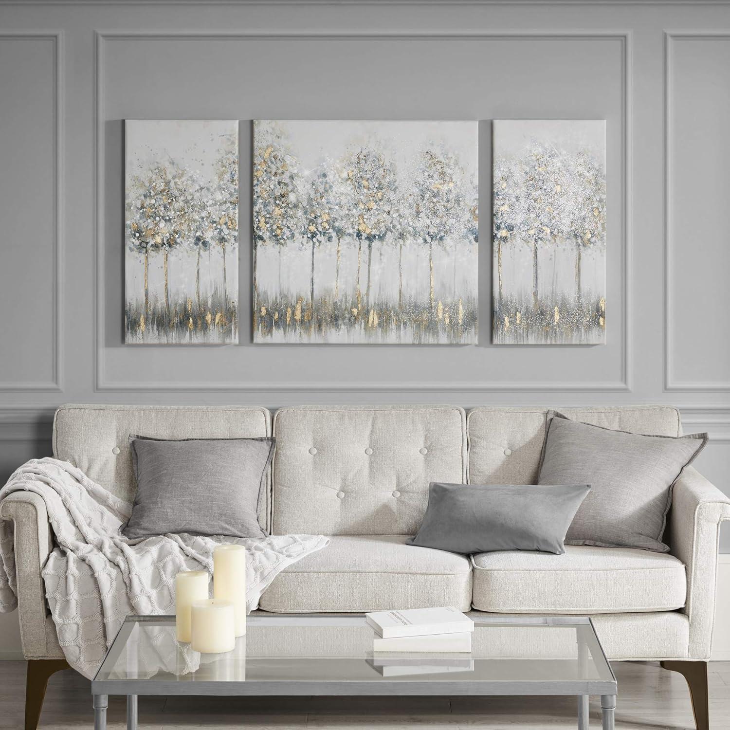 Nordic Gold Trim Blue and Gray Forest Canvas Art Set