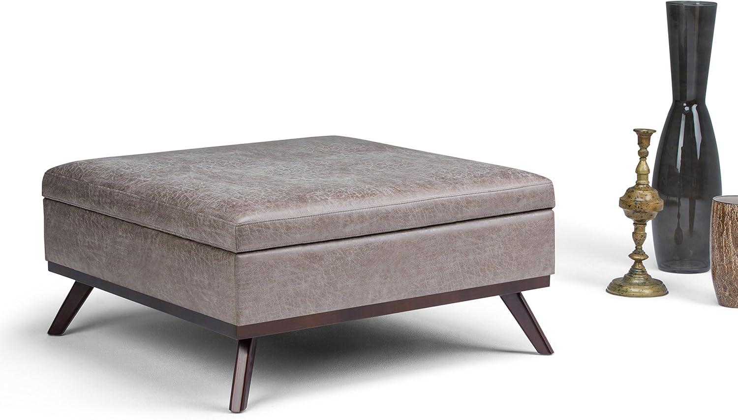 Owen 36" Distressed Grey Taupe Faux Leather Storage Ottoman