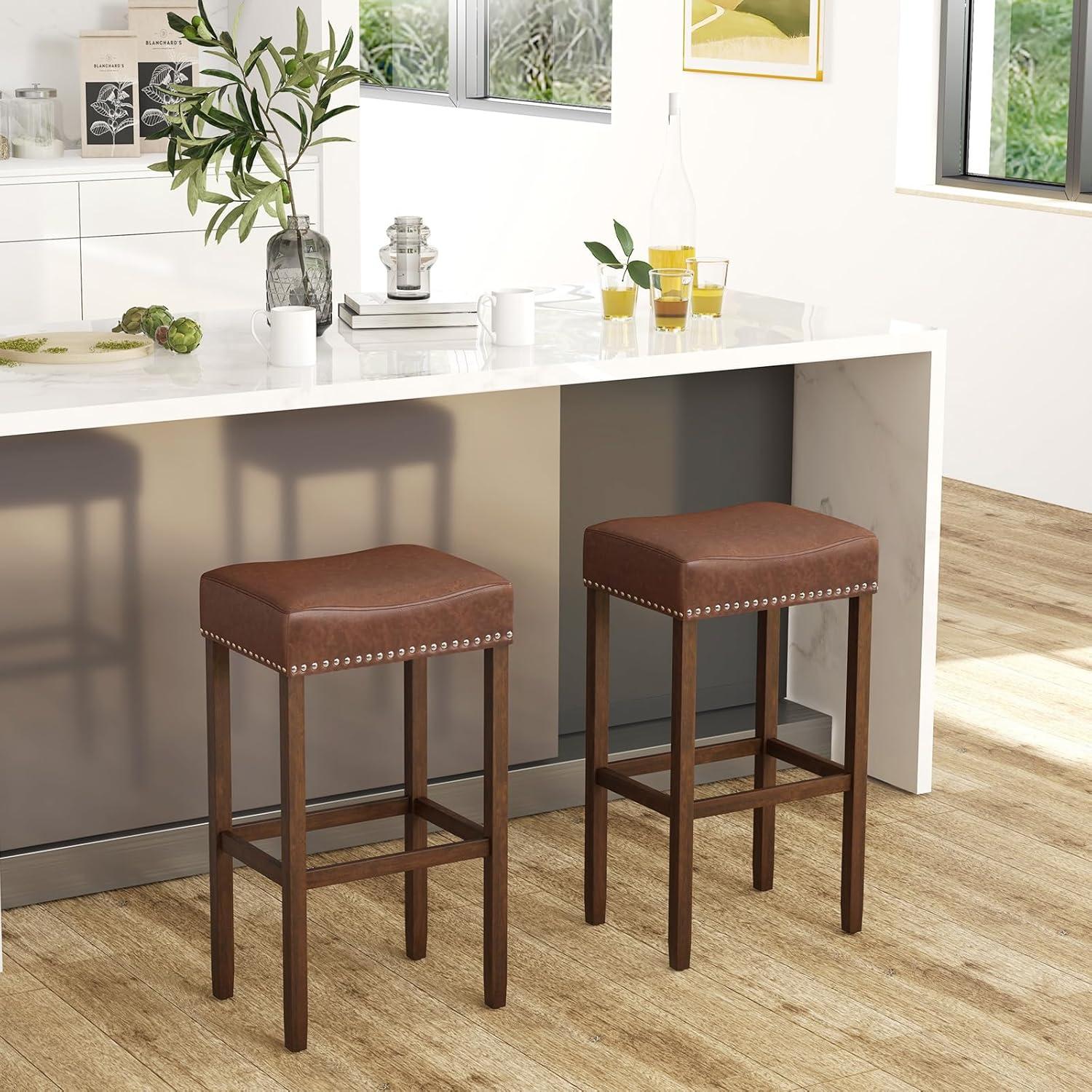 Spaco Upholstered Bar Stools Set of 2 with Footrests for Counter-Brown, Bar Height Stools, Counter Height Bar Stools for Kitchen, Dining Room