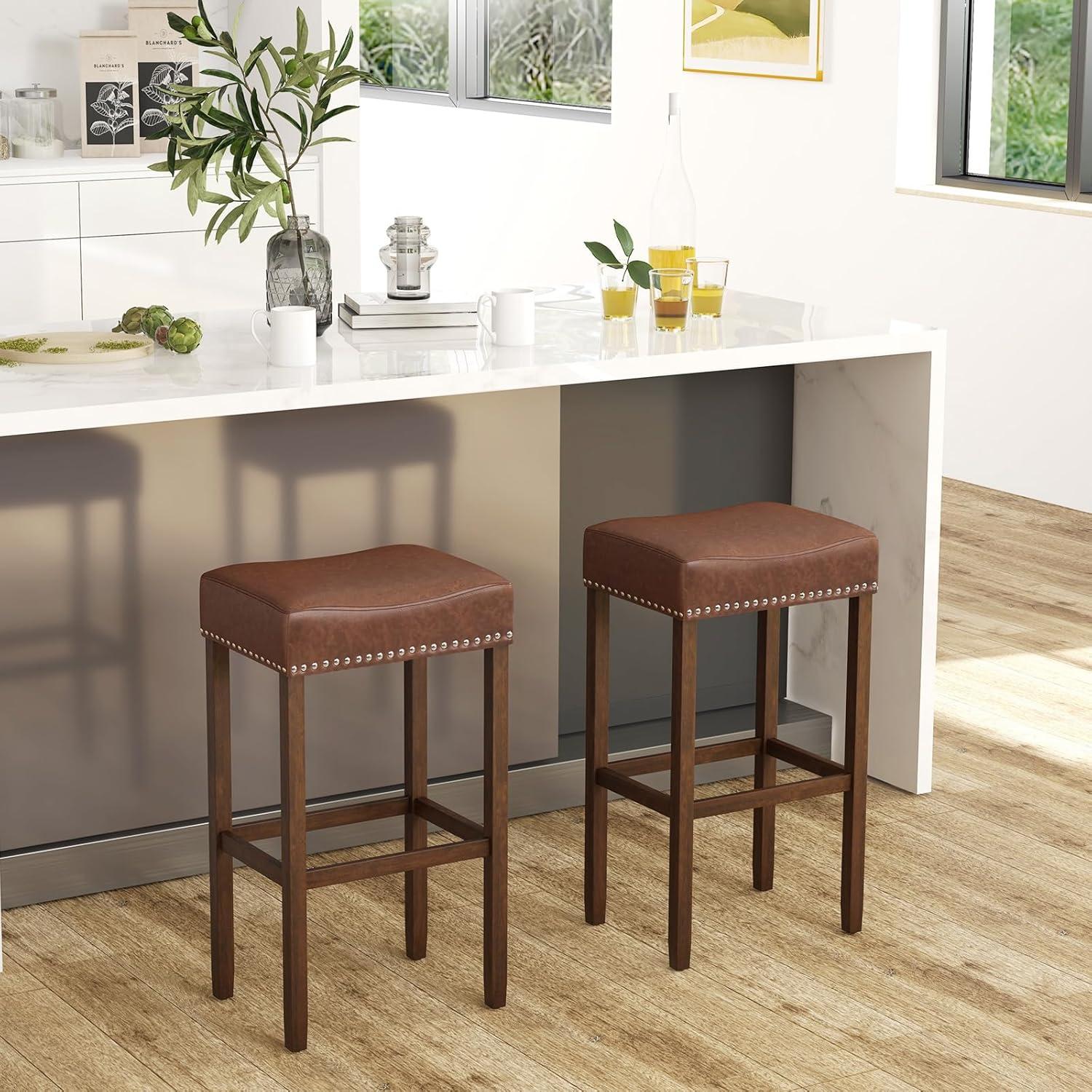 Resenkos Upholstered Bar Stools Set of 2 with Footrests for Counter-Brown, Bar Height Stools, Bar Stools for Kitchen Island for Kitchen, Dining Room
