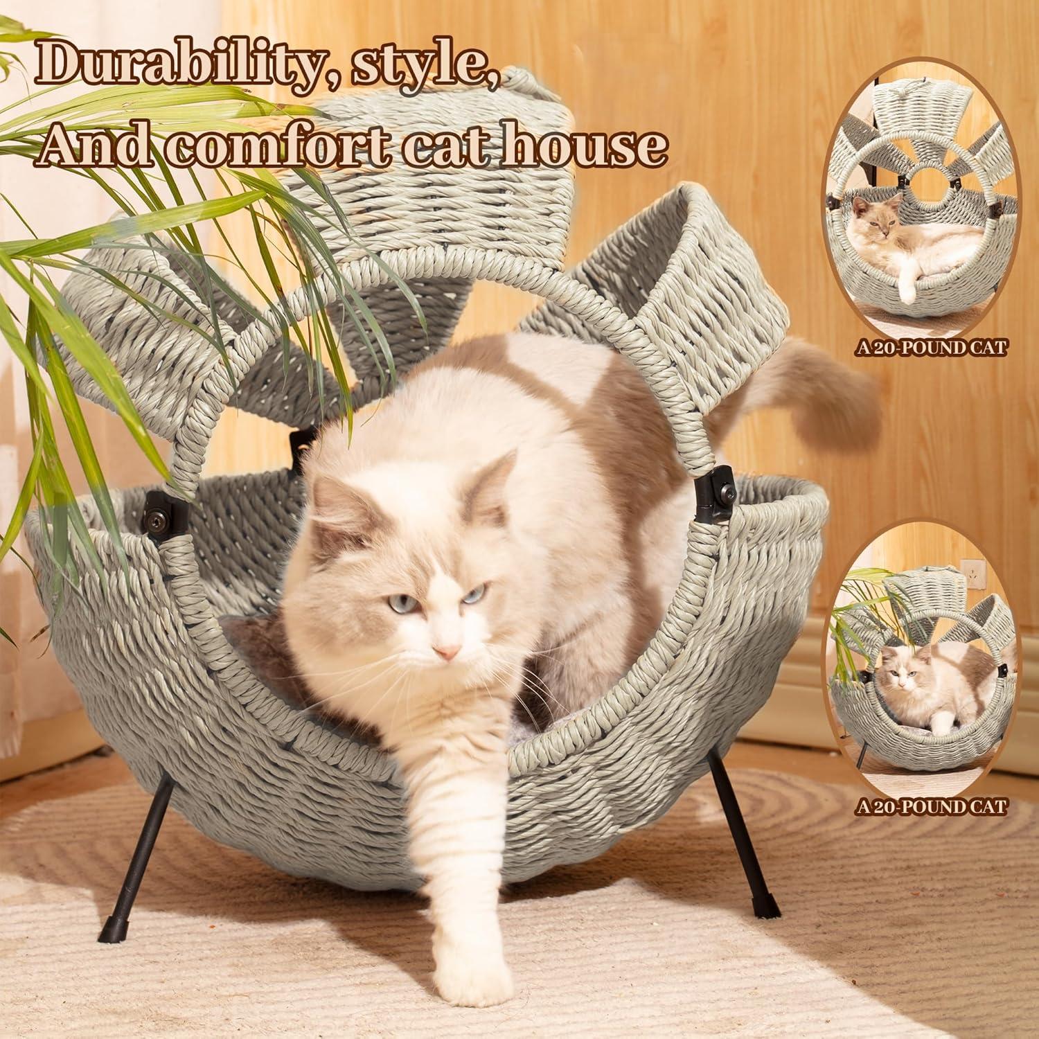 Rattan cat house with cushion,20.5",White Gray