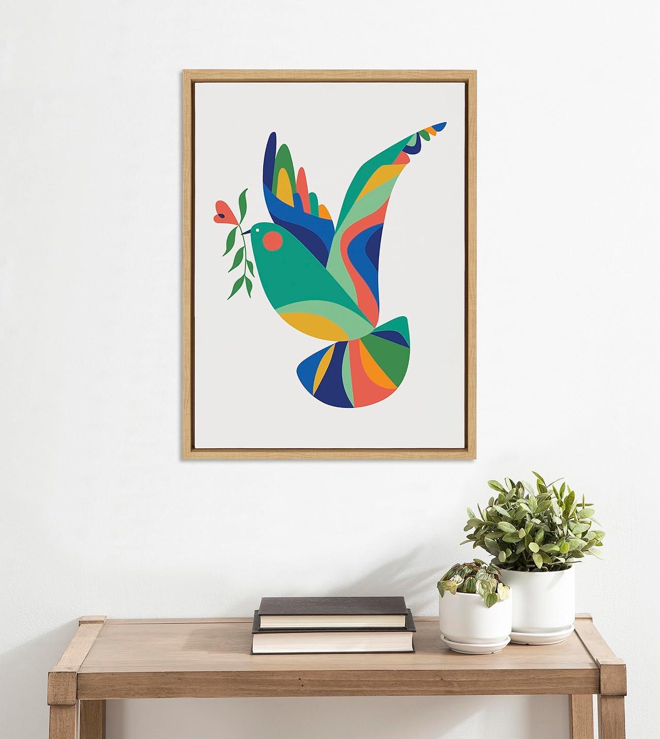 Colorful Geometric Bird Print on Natural Framed Canvas