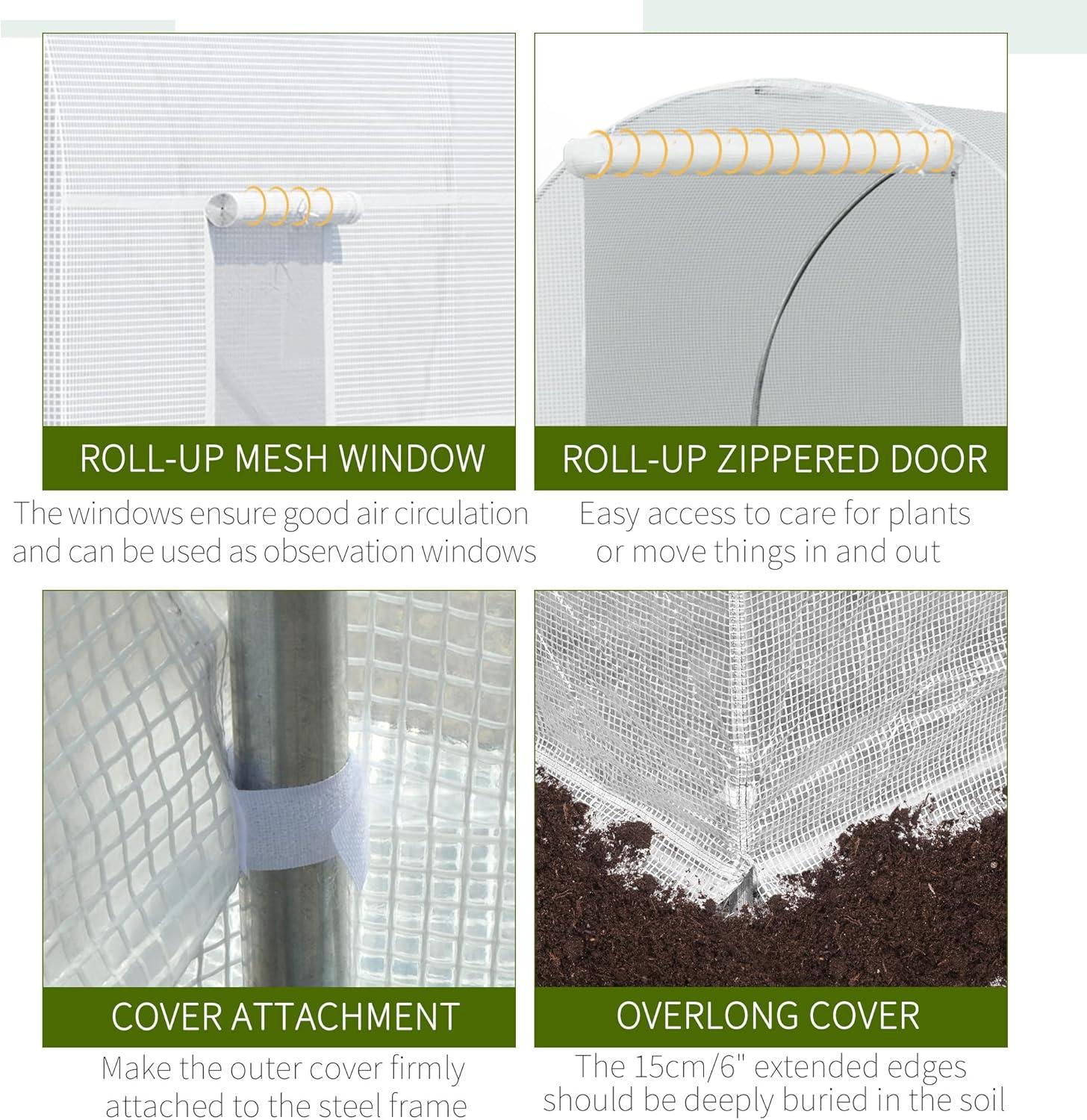 Outsunny Walk-In Tunnel Greenhouse, Large Garden Hot House Kit with 6 Roll-up Windows & Roll Up Door, Steel Frame