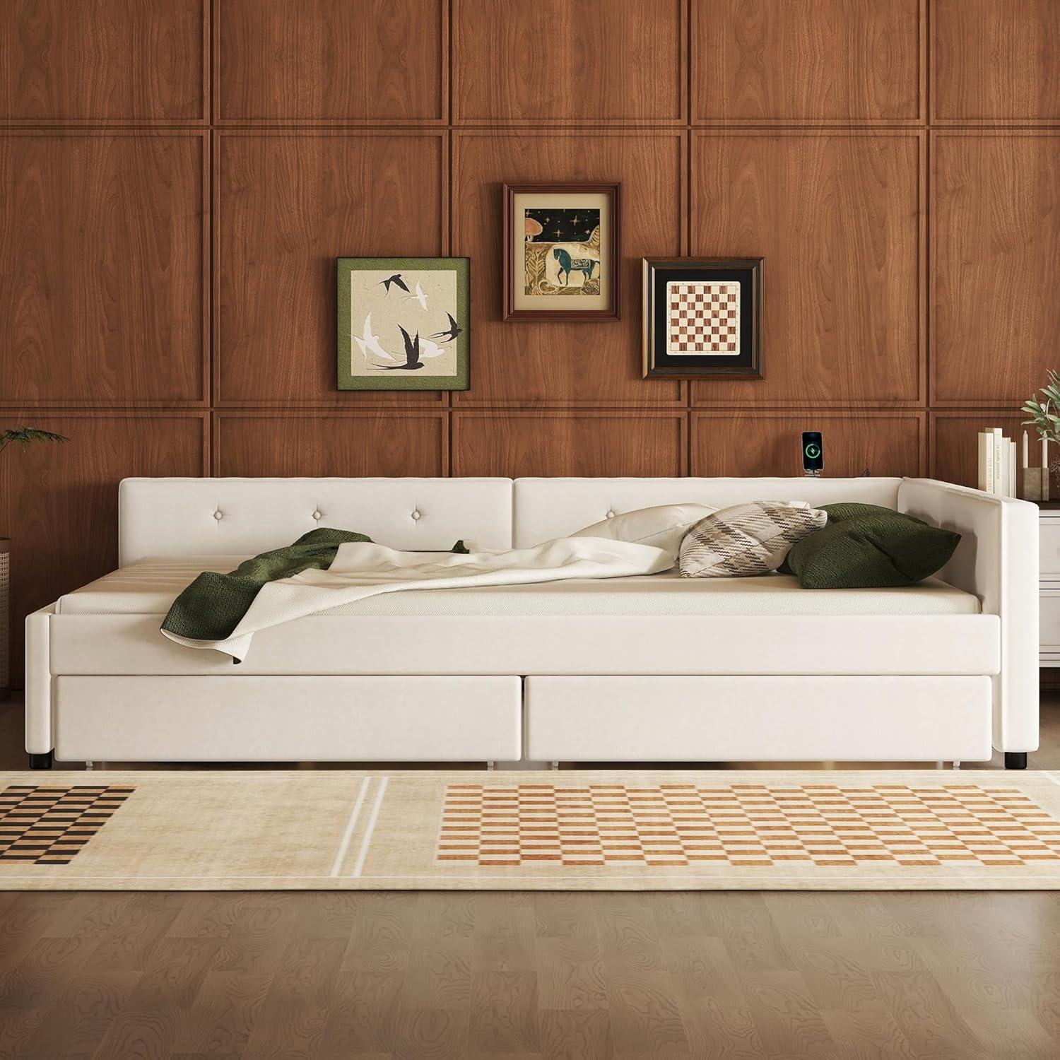 DreamBuck Queen Size Daybed with 2 Drawers, Wood Upholstered Bed Frame with USB Port and Storage, Linen Fabric Daybed, Queen Bed Frames for Bedroom, Living Room, No Box Spring Needed