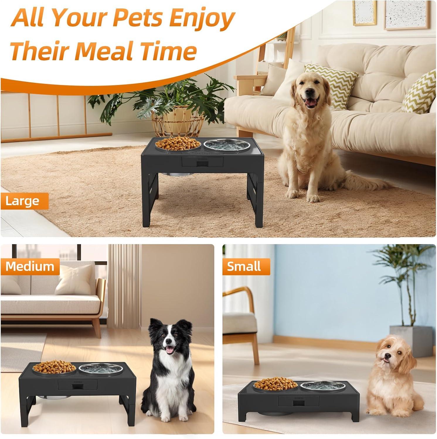 Adjustable Black Particle Board Raised Dog Bowls with Stainless Steel Bowls