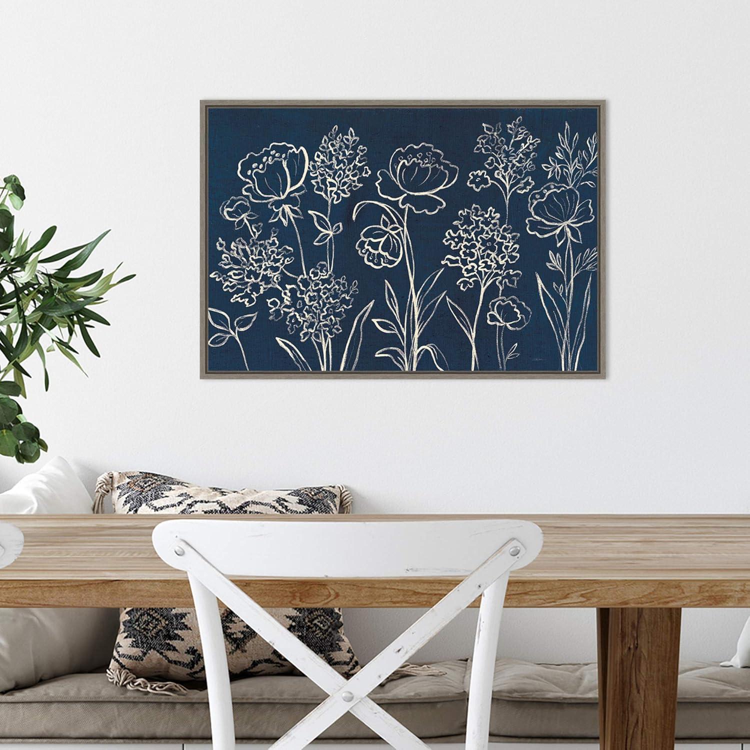 Amanti Art 23"x16" Indigo Floral I by Silvia Vassileva Framed Canvas Wall Art Print: Modern Botanical Lithograph, Polystyrene Frame