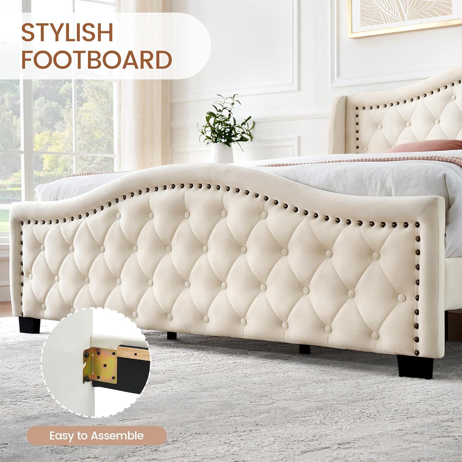 YUSAZENS King Bed Frame with Tall Headboard 47.2",Upholstered Platform Bed Frame with Velvet Button Tufted & Nailhead Trim Wingback Headboard,Luxurious Arched Footboard,No Box Spring Needed,Beige