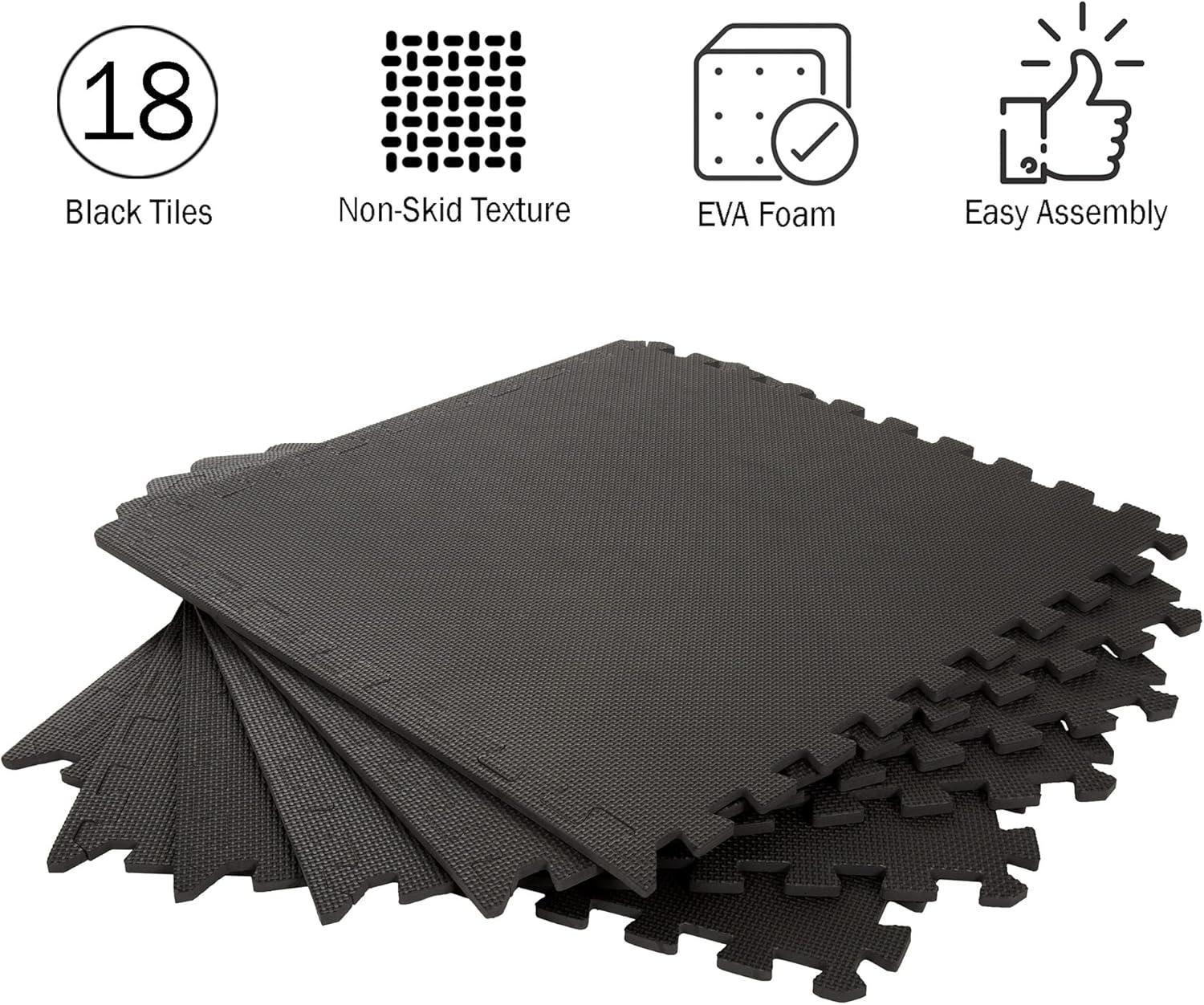 Black Interlocking EVA Foam Gym Floor Tiles, 24" x 24"