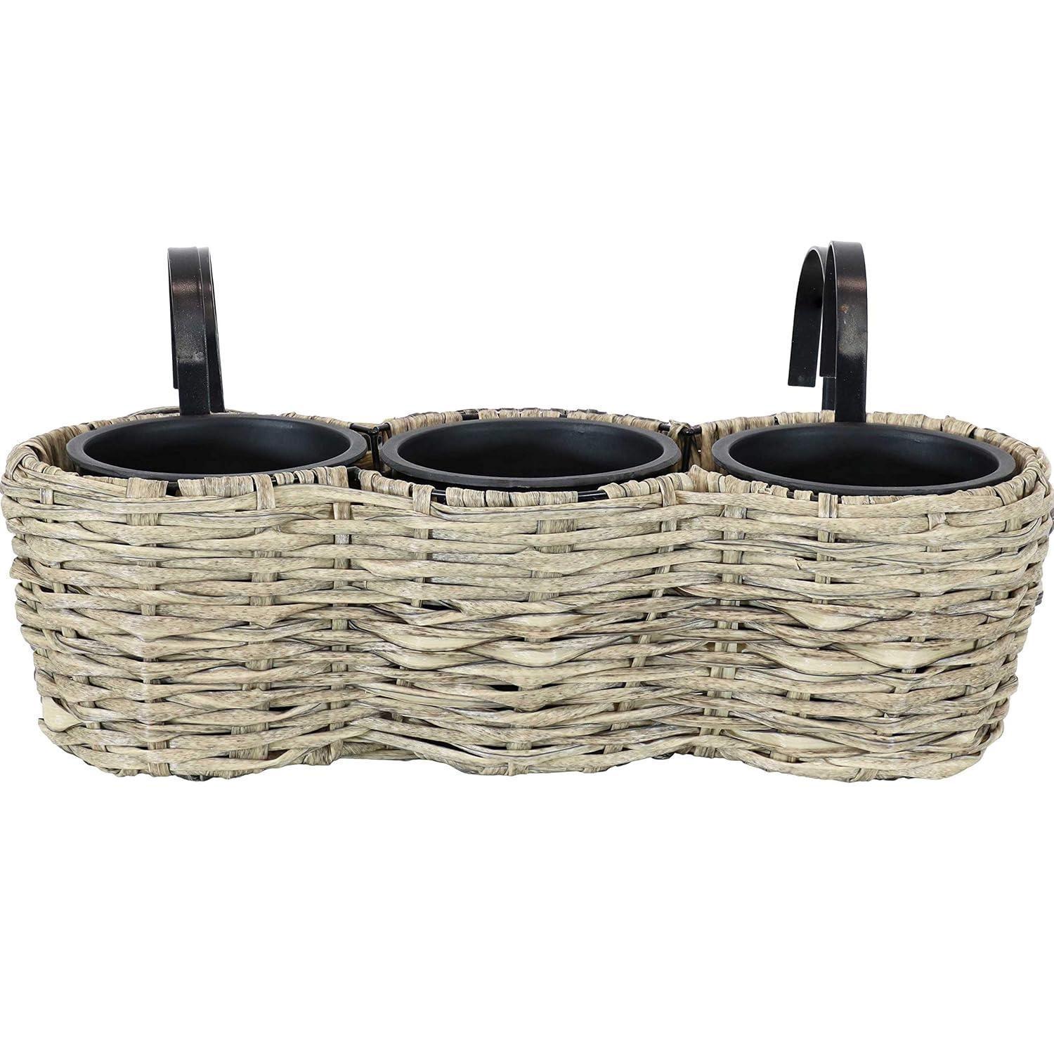 Sunnydaze Indoor/Outdoor Polyrattan Over-the-Rail Tri-Planter with 3 Round Black Plastic Liners - Frost