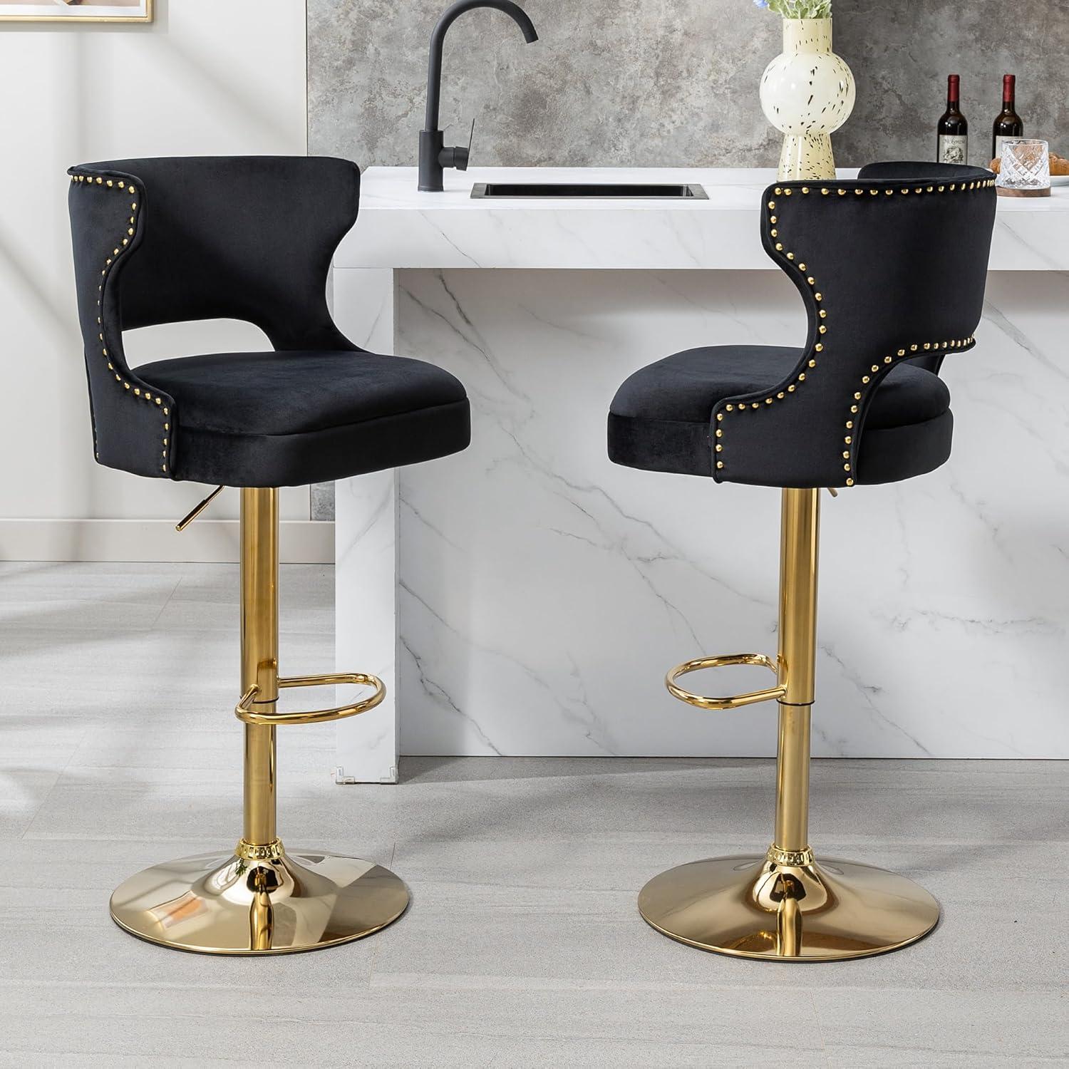 Black Velvet Swivel Bar Stools with Gold Base, Set of 2