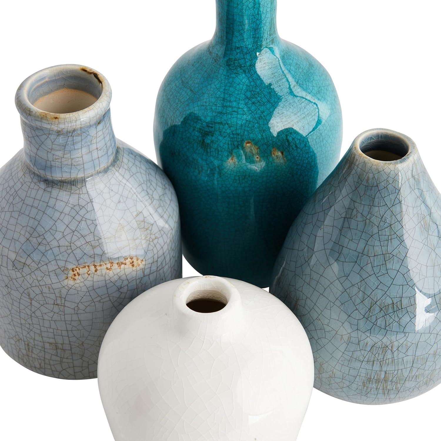 Artisan Blue Crackle Glaze Terracotta Vase Set of 4