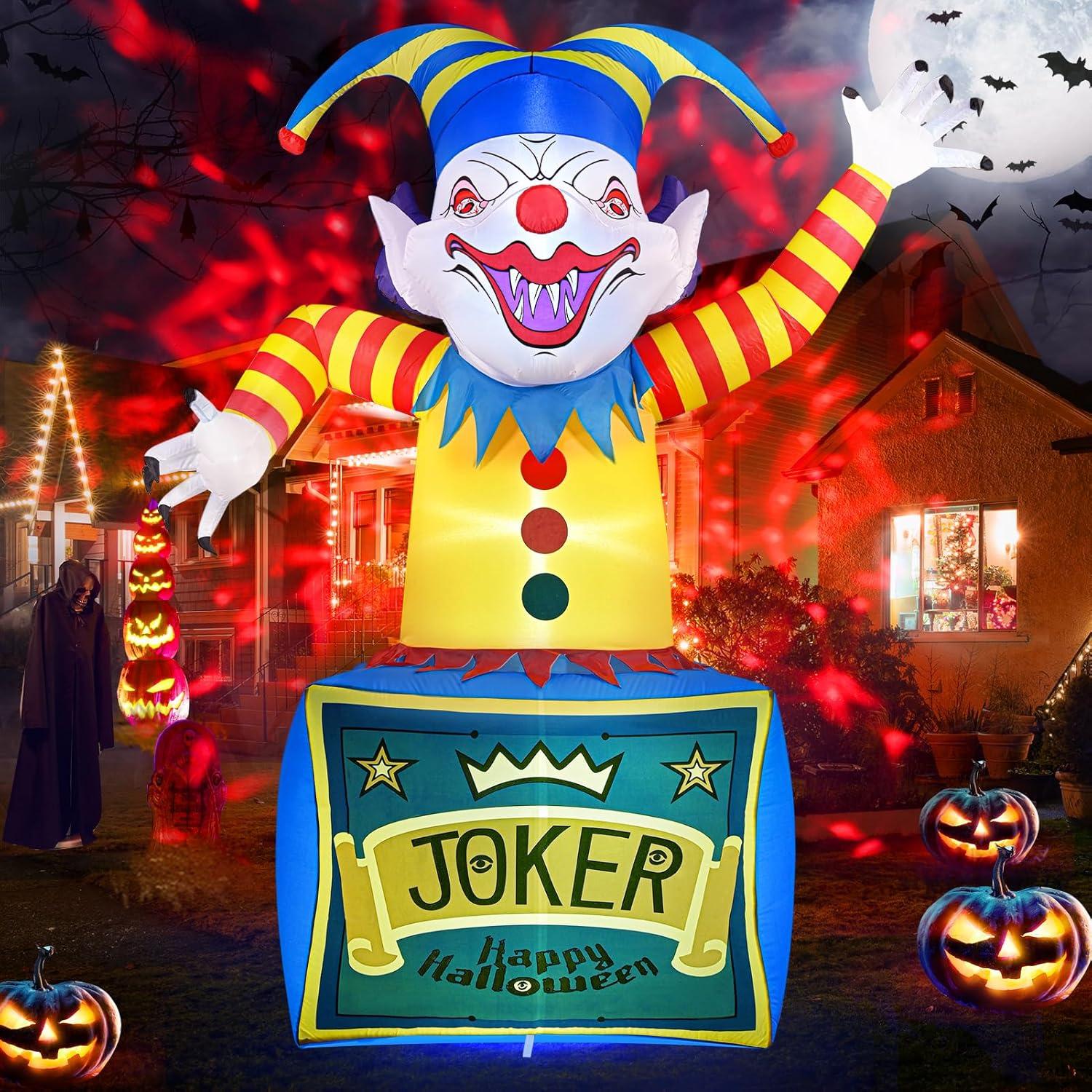 8 FT Halloween Inflatables Clown Outdoor Decorations with Dynamic Flame Projector Light, Halloween Blow Up Yard Decorations with LEDs for Outside Party Garden Lawn Decor