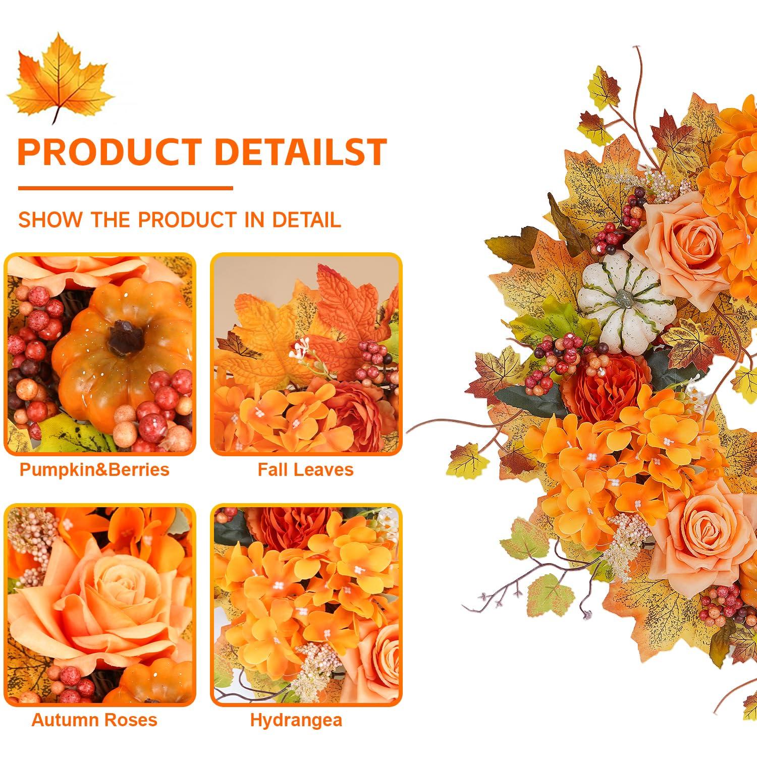 Fall Wreath 20’’ Autumn Front Door Wreath Harvest Wreath with Sunflower Pumpkins Berries Maple Leaves Daisies for Outside Indoor Home Wall Festival Thanksgiving Autumn Farmhouse Decor