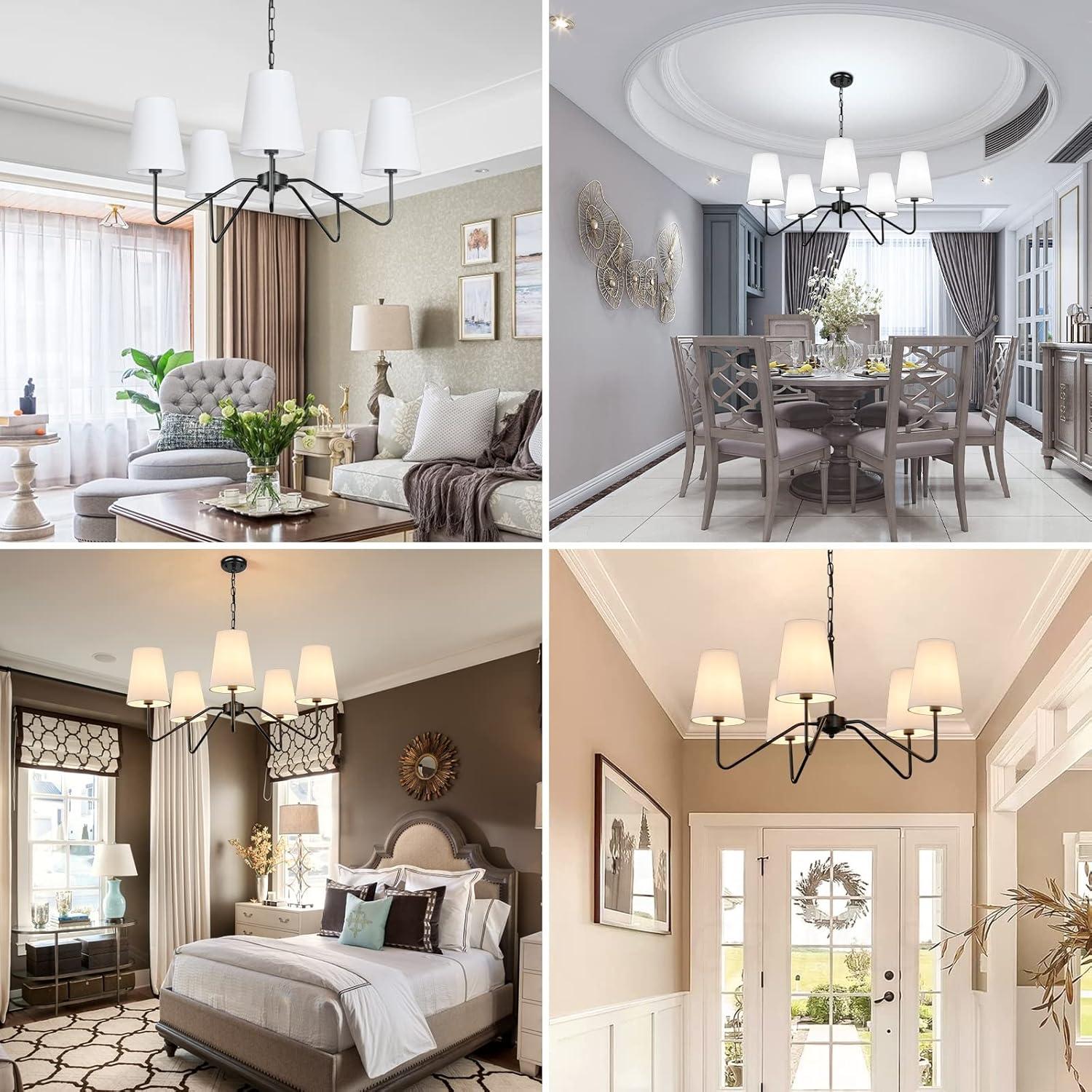 5-Light 30” Modern Chandelier with White Shades, Classic Pendant Ceiling Light Fixture for Dining Room, Black Chandelier with E12 Base Hanging Lamp for Living Room Hallway Bedroom, Height Adjustable
