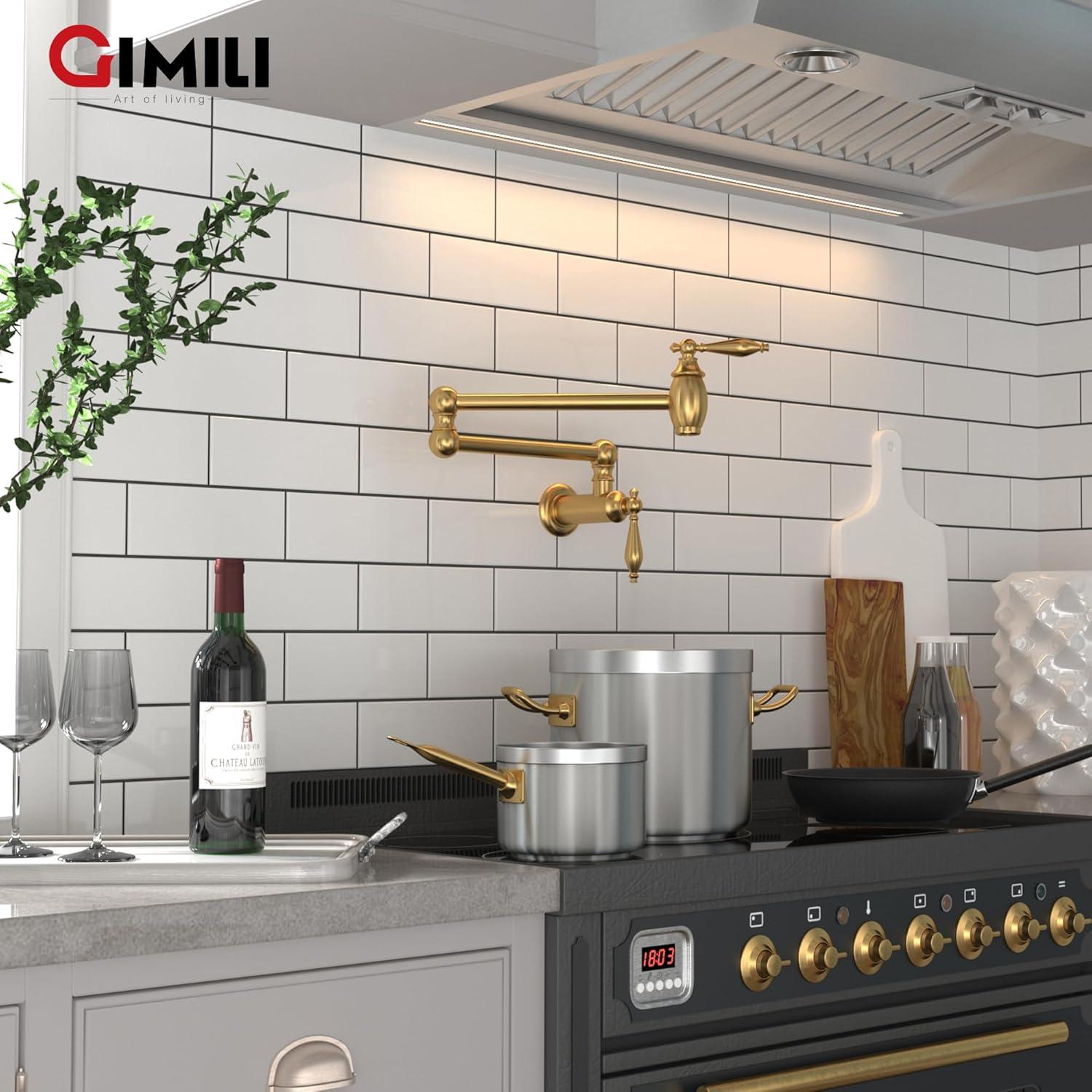 GIMILI Pot Filler Brushed Gold Kitchen Sink Pot Filler Faucet Wall Mount Kitchen Faucets Over Stove Faucet Brass Folding Faucet with Double Joint Swing Arms