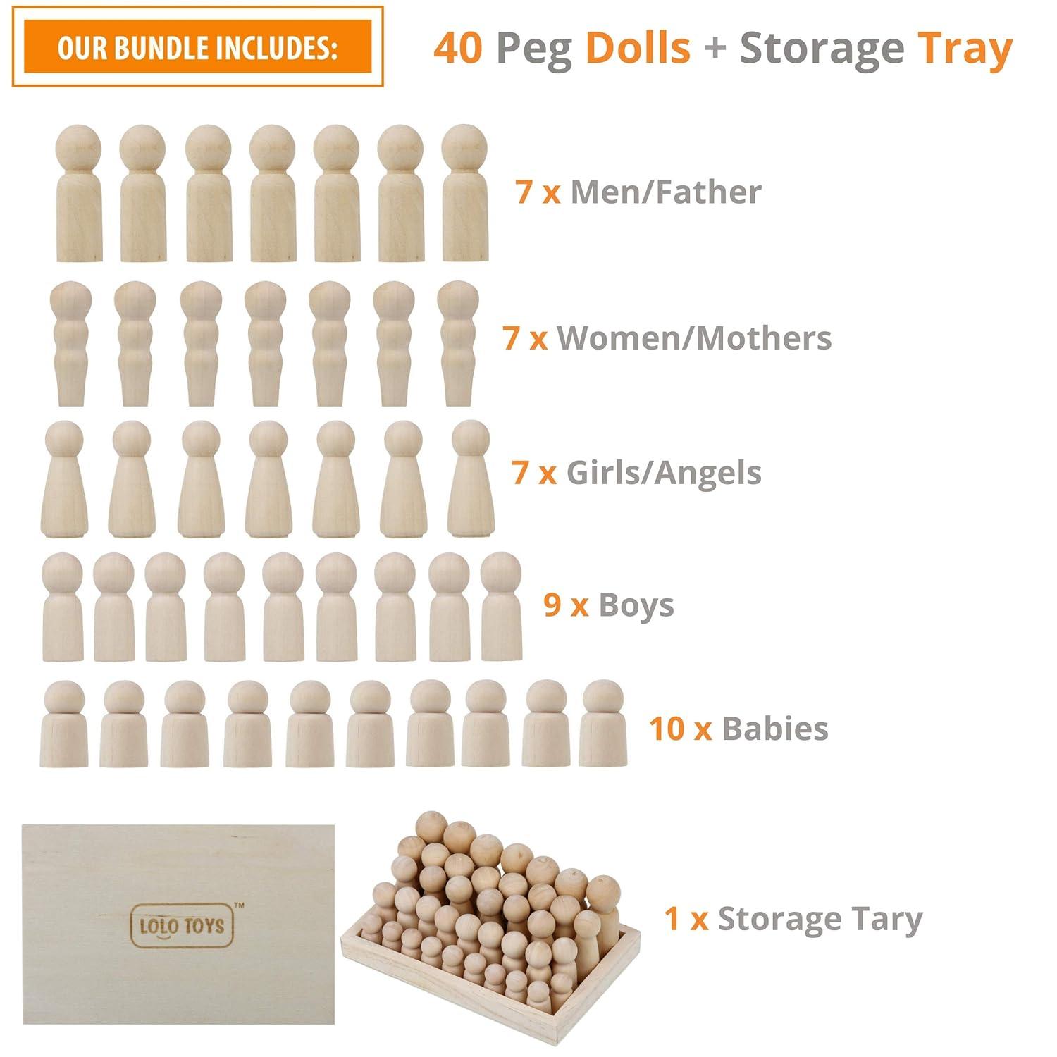 Wooden Peg Dolls Unfinished People - Pack of 40 with Storage Case In Assorted Sizes - Natural Wood Shapes Figures, Decorative Doll Bodies for Diy Arts and Crafts