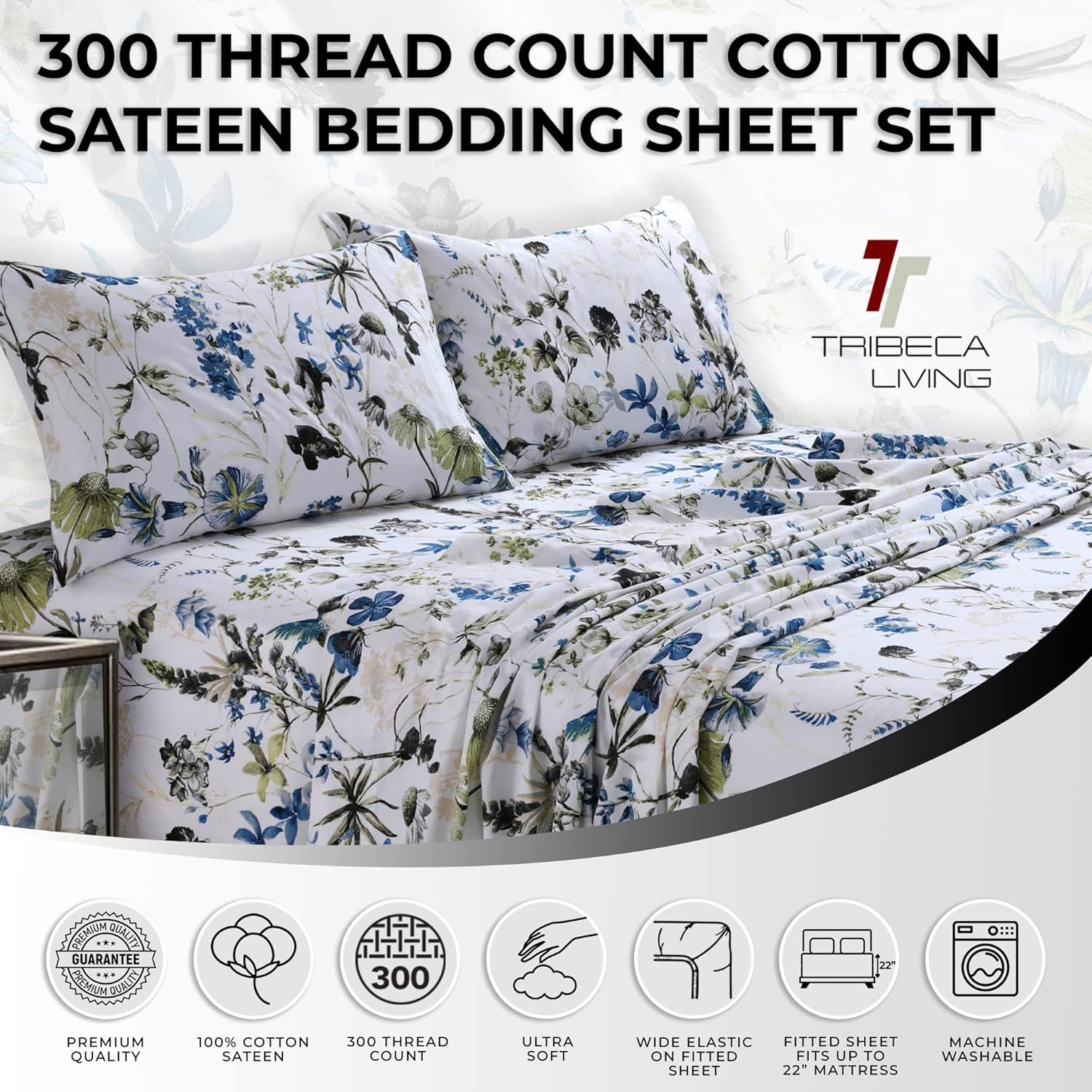 Tribeca Living Printed 300 Thread Count Sheets 100% Cotton Floral Sheet Set