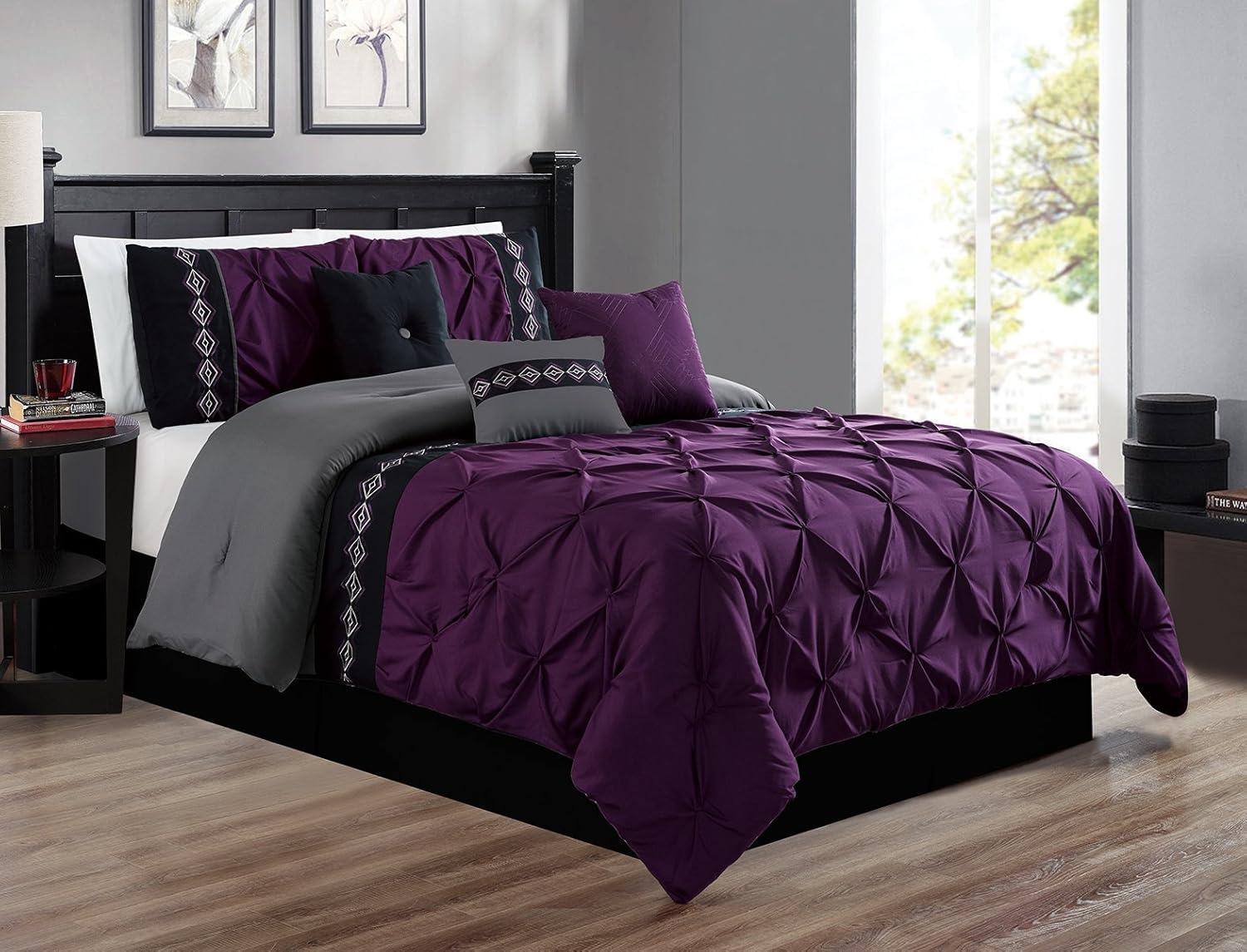 Grand Linen 7 Pieces Queen Size Dark Purple/Grey/Black Double-Needle Stitch Pinch Pleat All-Season Bedding-Down Alternative Embroidered Comforter Set