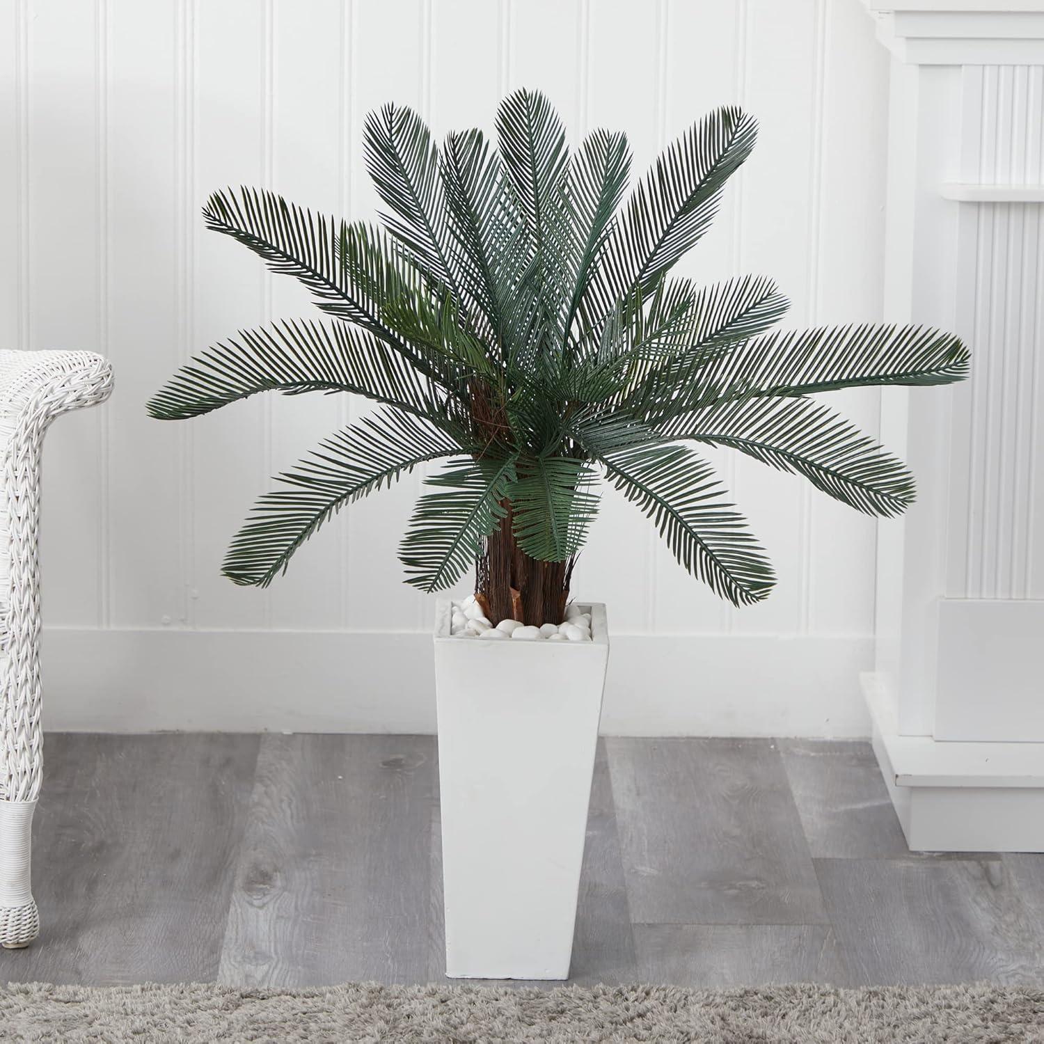 40in. Cycas Silk Palm in UV Resistant White Planter