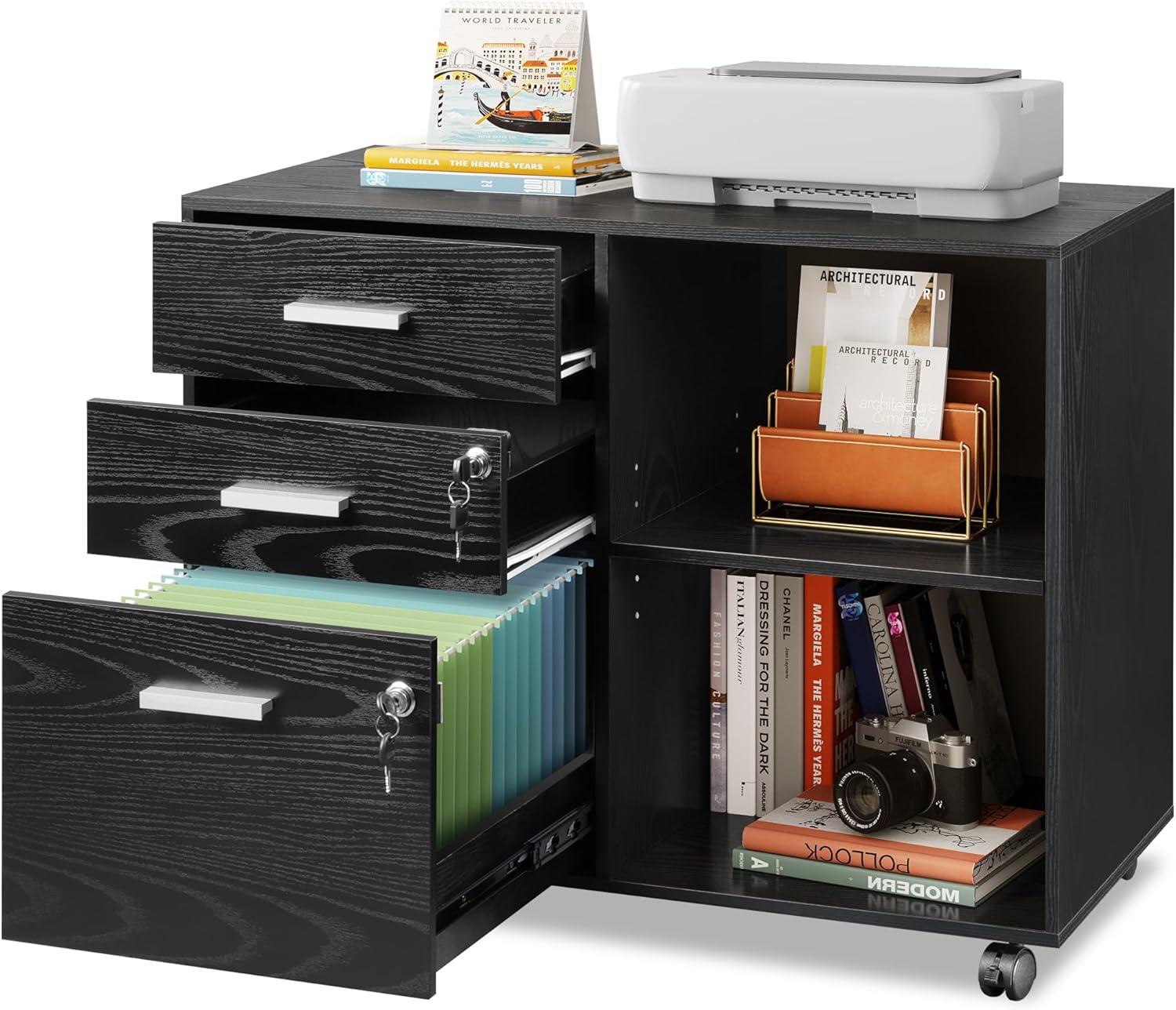 GALAXHERO 3-Drawer Wood Mobile File Cabinet, Lateral Filing Cabinet with Printer Stand and Open Shelves for Home Office, Gray Oak