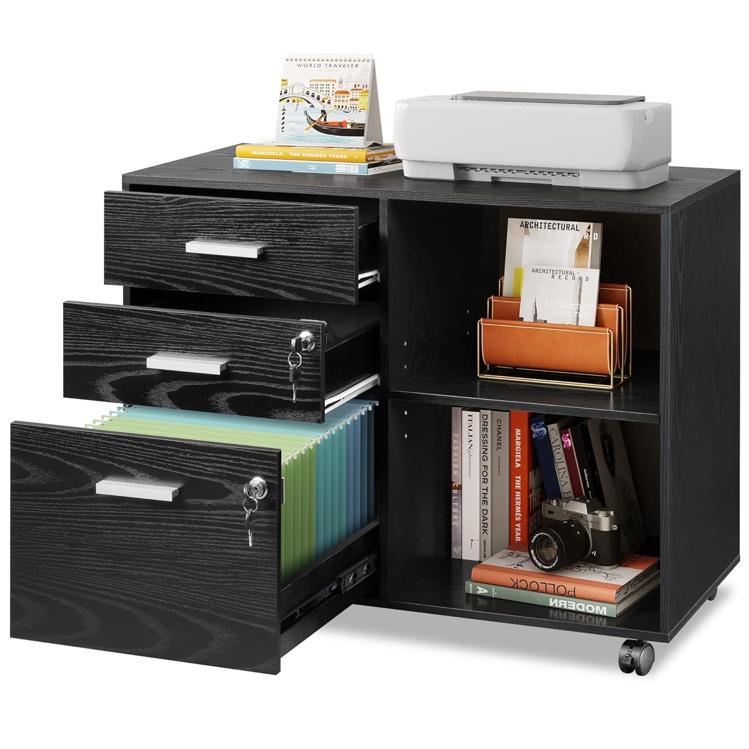 GALAXHERO 3-Drawer Wood Mobile File Cabinet, Lateral Filing Cabinet with Printer Stand and Open Shelves for Home Office, Gray Oak