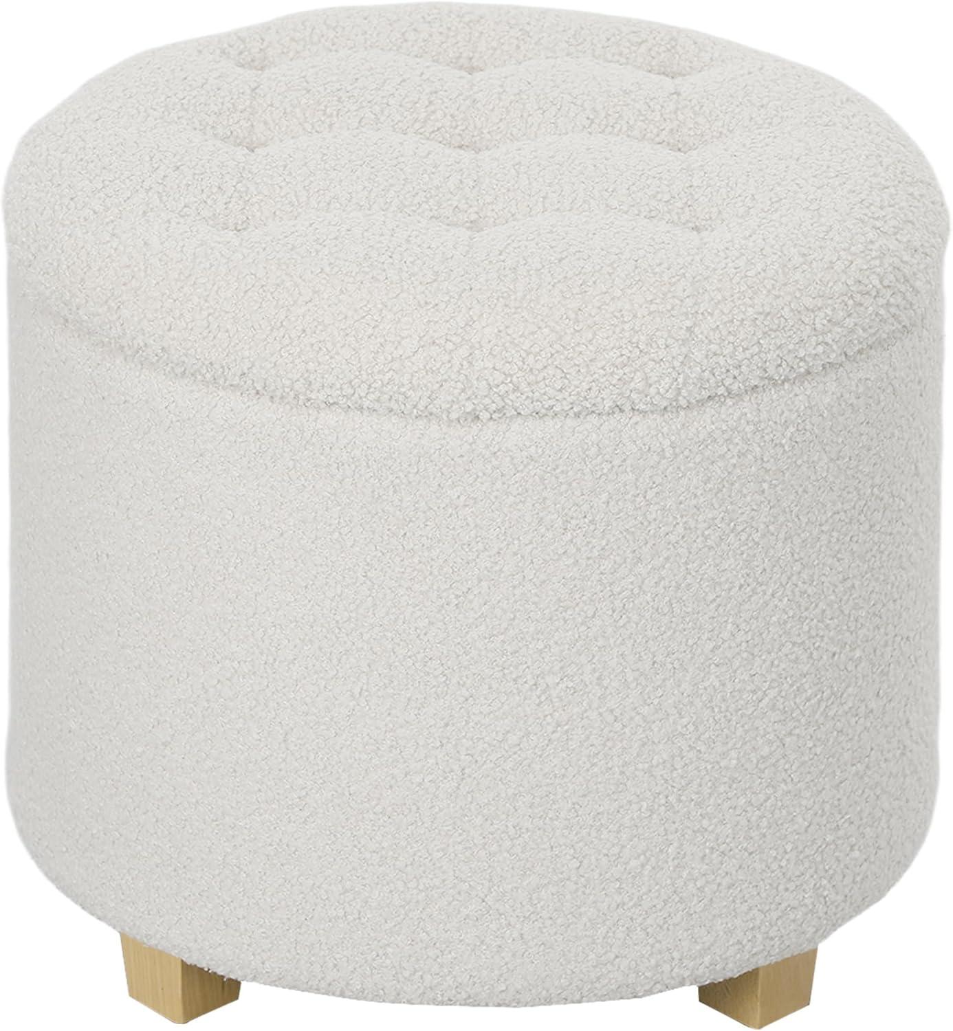 HOMCOM 18" Round Ottoman with Storage, Teddy Fleece Button Tufted Bedroom Stool with Removable Lid and Wood Legs for Living Room, Hallway, White