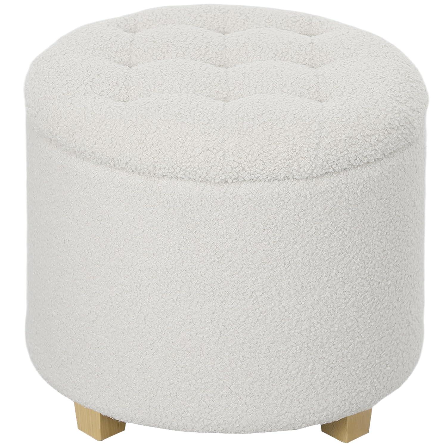 HOMCOM 18" Round Ottoman with Storage, Teddy Fleece Button Tufted Bedroom Stool with Removable Lid and Wood Legs for Living Room, Hallway, White