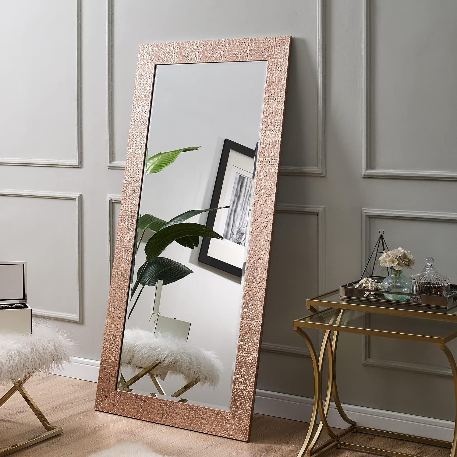 Elegant Full-Length Rectangular Wood Mirror with Gold Mosaic Frame