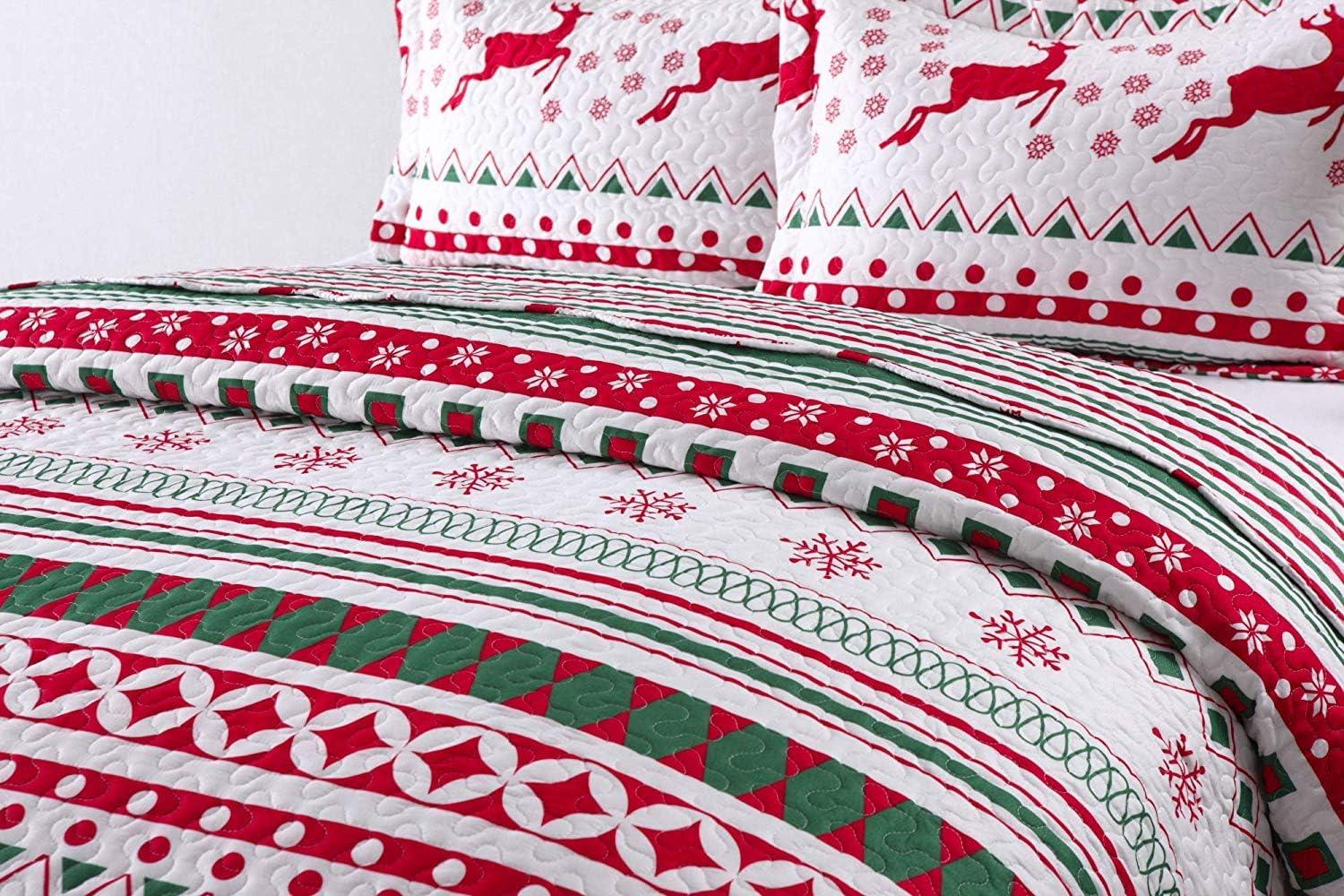 MarCielo 3 Piece Christmas Quilt Set Bedspread Throw Blanket for Kids Adult Teens Boys Girls Bed Printed Bedding Lightweight Coverlet Comforter Set, Snowflake King