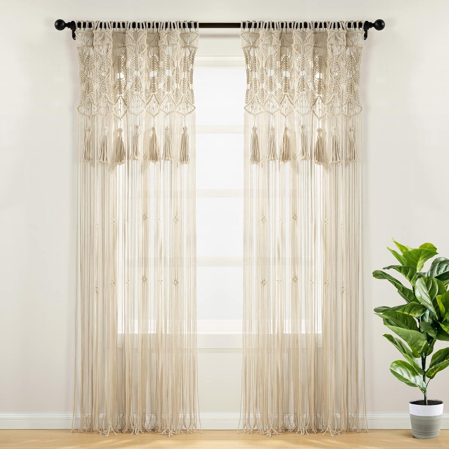 Neutral Cotton Macrame Tassel Light-Filtering Curtain Panel