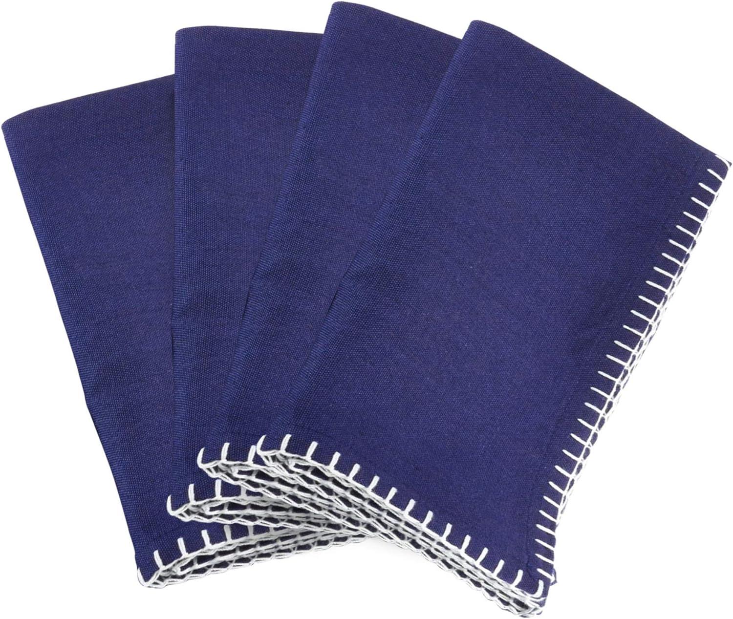 Saro Lifestyle 4pk Navy Blue Celena Whip Stitched Design Napkin 20" : 20x20 Inch Polyester, Machine Washable Cloth Napkins