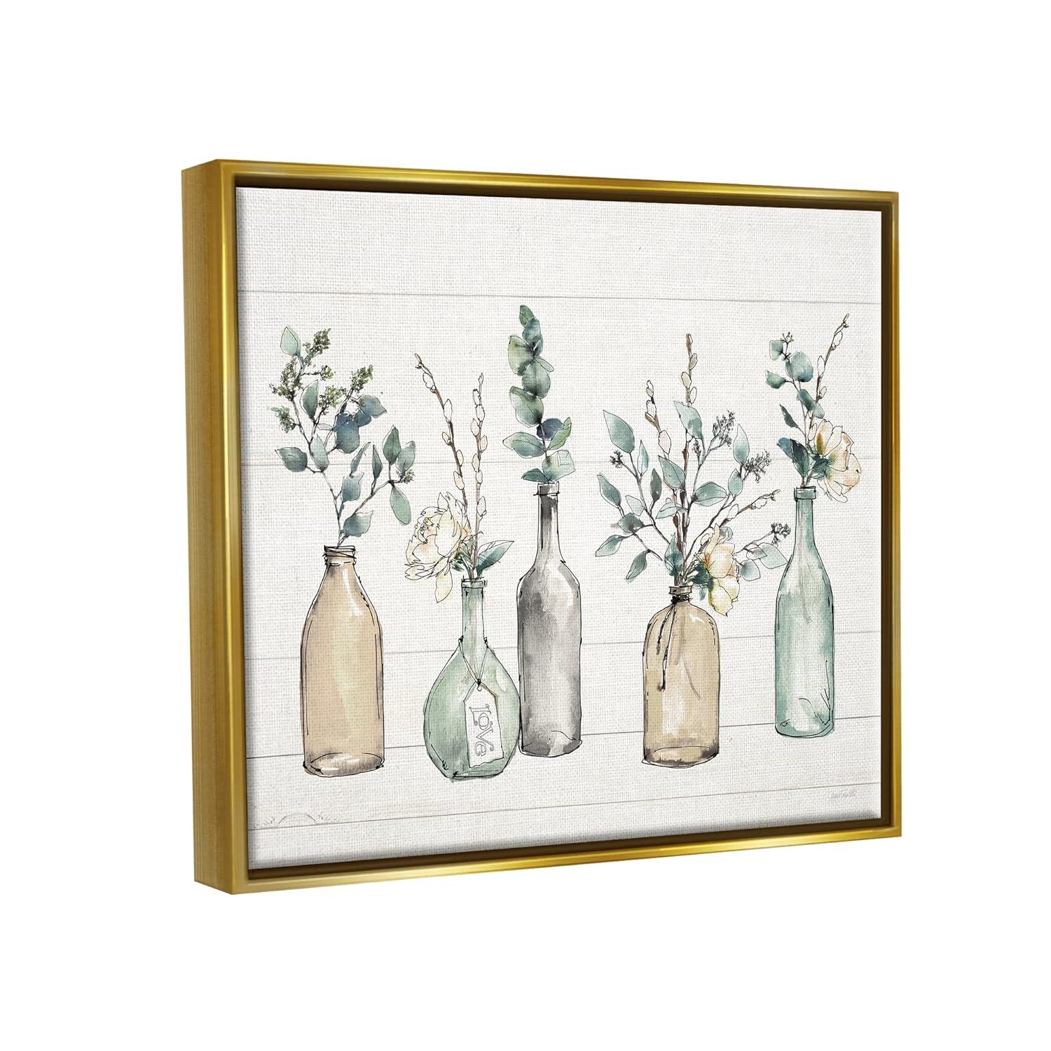 Stupell Industries Bottles And Plants Farm Wood Textured Design Metallic Gold Framed Floating Canvas Wall Art, 16x20, by Anne Tavoletti