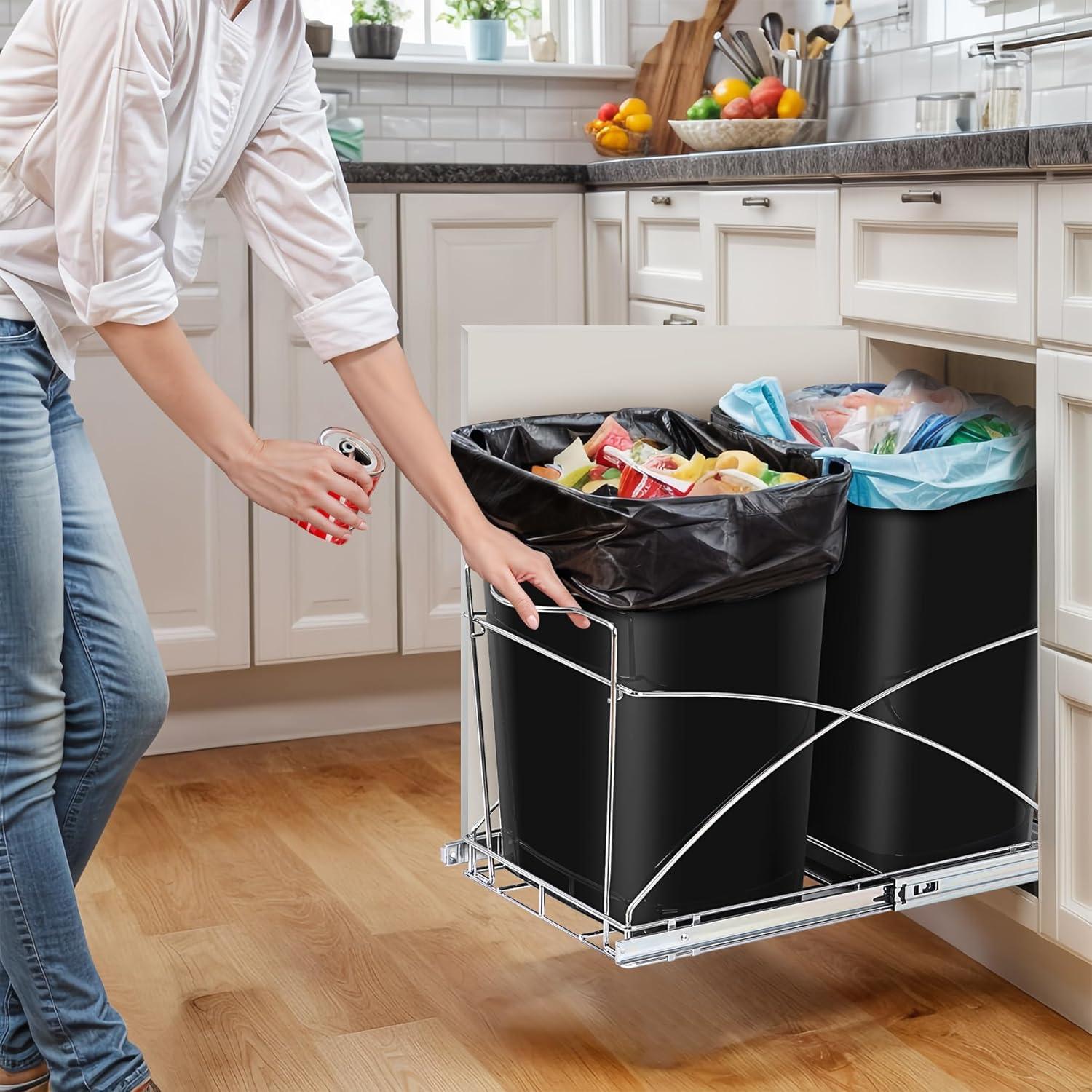 Double 35-Quart Sliding Pull Out Waste Bin Container, Kitchen Trash Can Under Cabinet Dual Trash Can Under Sink for Home Base Kitchen Cabinet - 17.5 Gallon