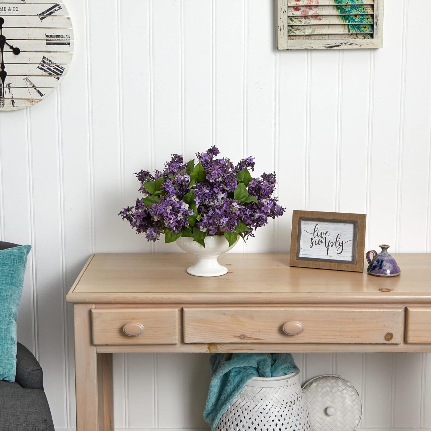 Silk Plant Nearly Natural Lilac Artificial Arrangement in White Vase - Purple