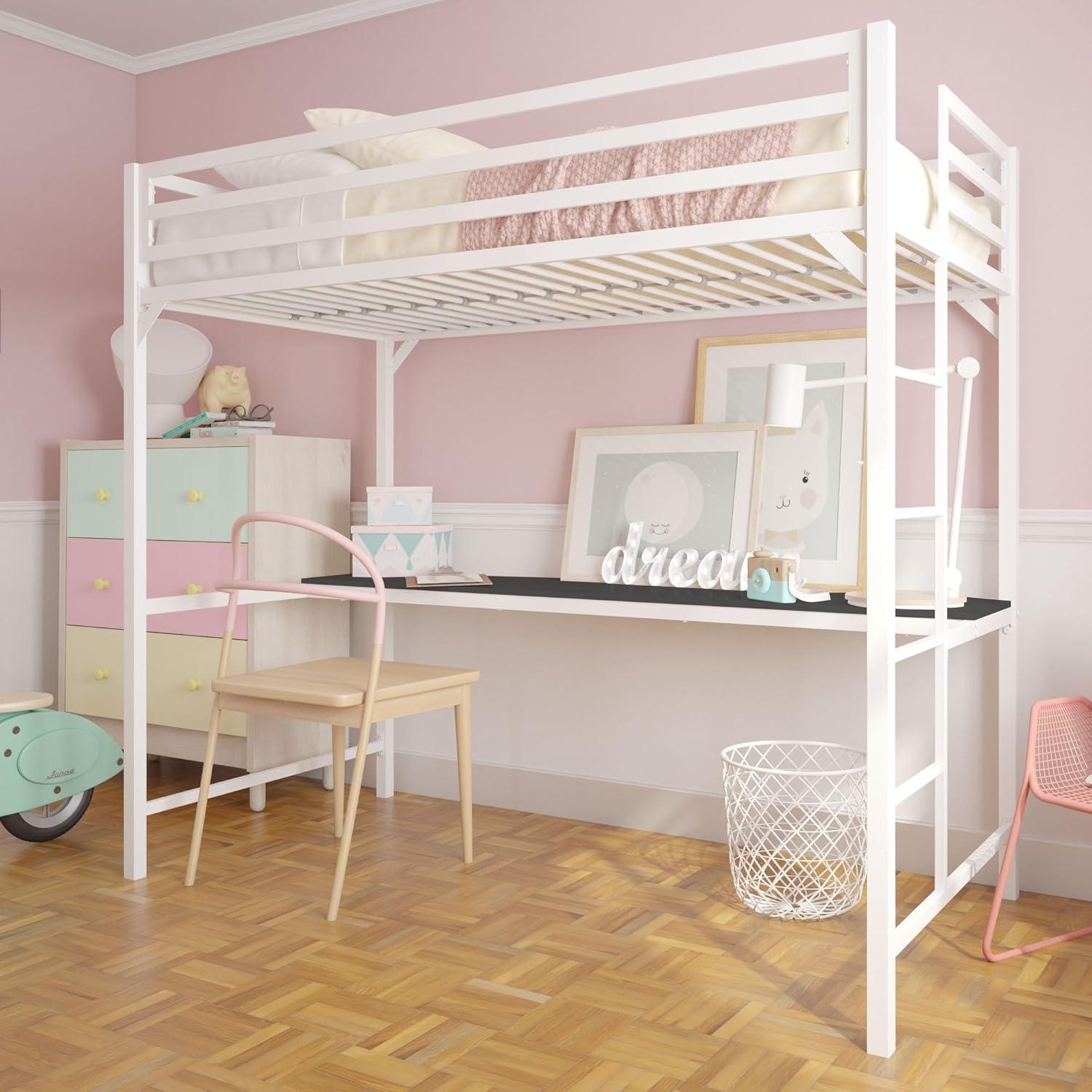 White Twin Metal Loft Bed with Desk and Guardrails