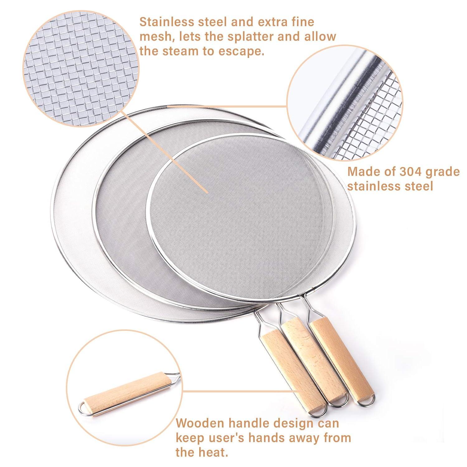 3 Pieces Grease Splatter Screen for Frying Pan, Splatter Guard Mesh Stainless Steel Grease Guard Shield for Kitchen Frying Pan Cooking Supplies Set of 9.44", 10.8" and 12.5" inch (Wood Handle)