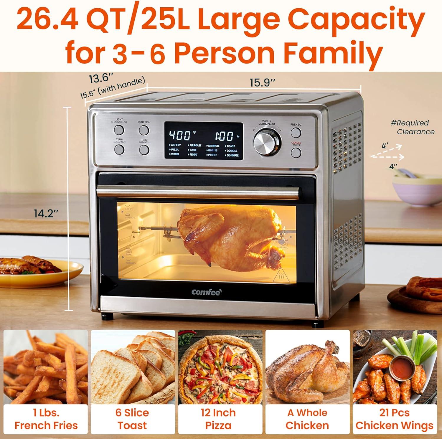 COMFEE’ 12-in-1 Air Fryer Toaster Oven Combo, 6 Slice 12’’ Pizza Countertop Convection Oven with Rotisserie, Precise Temperature Control, 26.4 QT Large Capacity, 6 Accessories, Stainless Steel