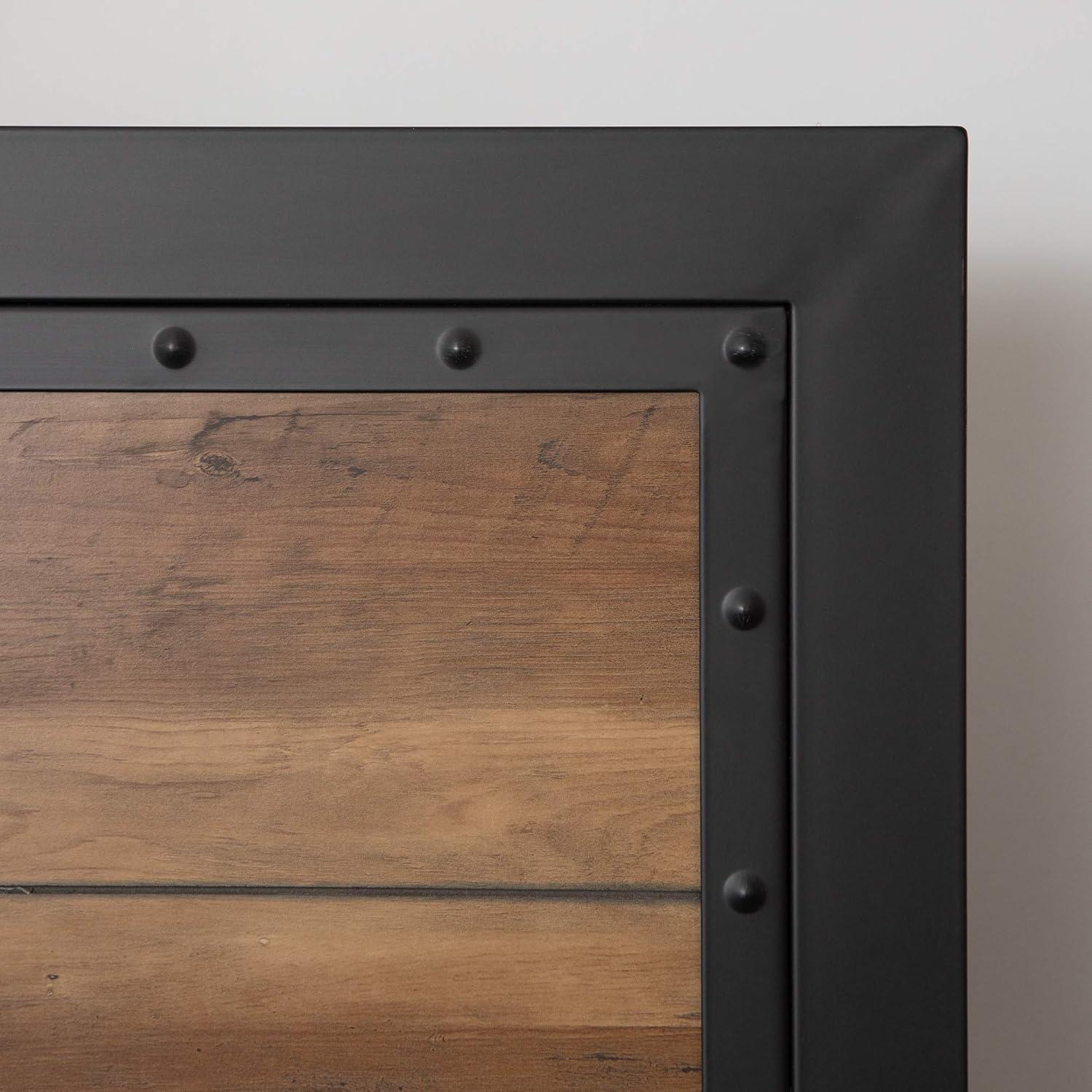 Rustic Oak Queen Bed with Metal Frame and Wood Headboard