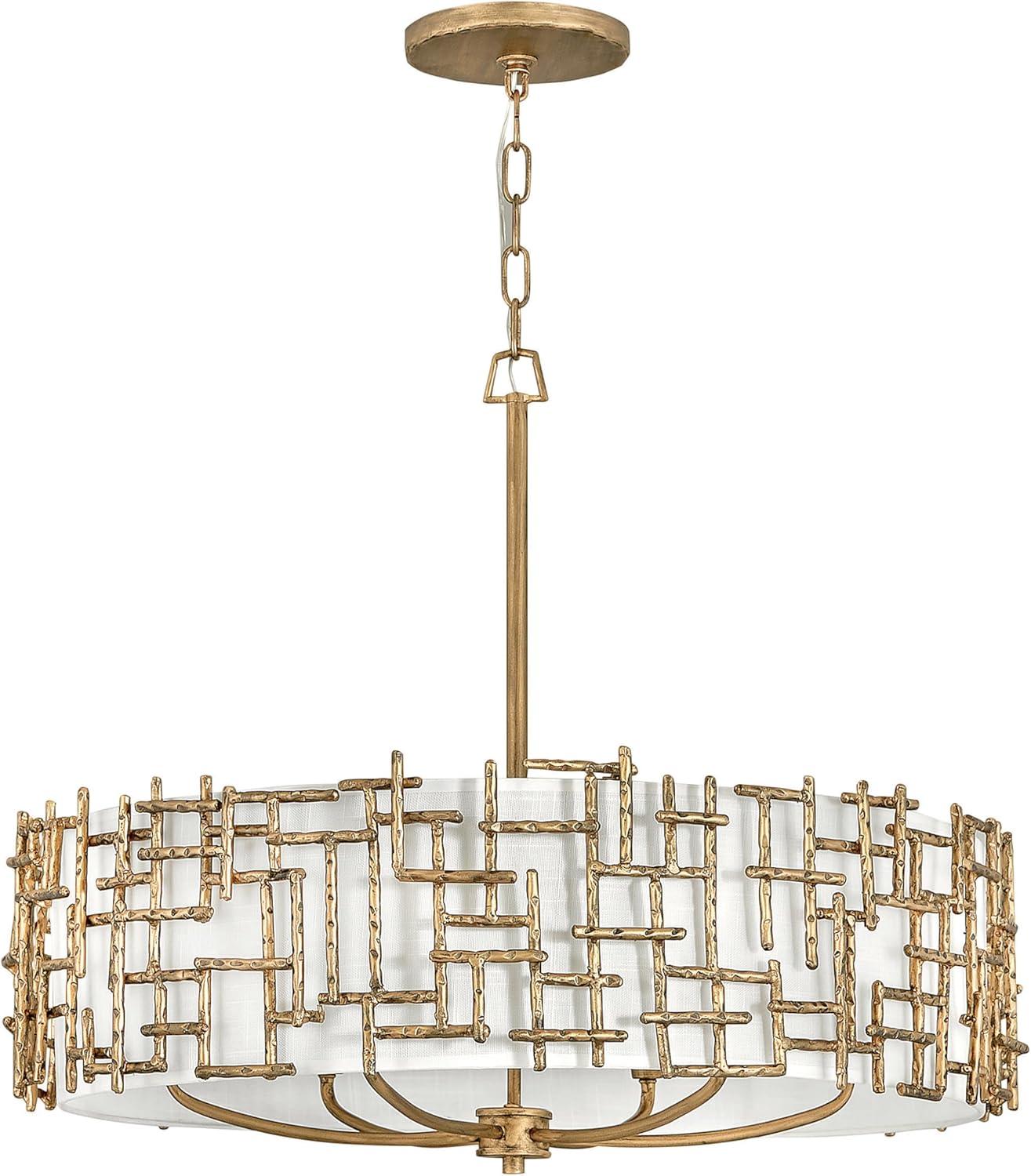Farrah 6-Light White Linen Drum Chandelier w/ Hammered Crosshatch Bars