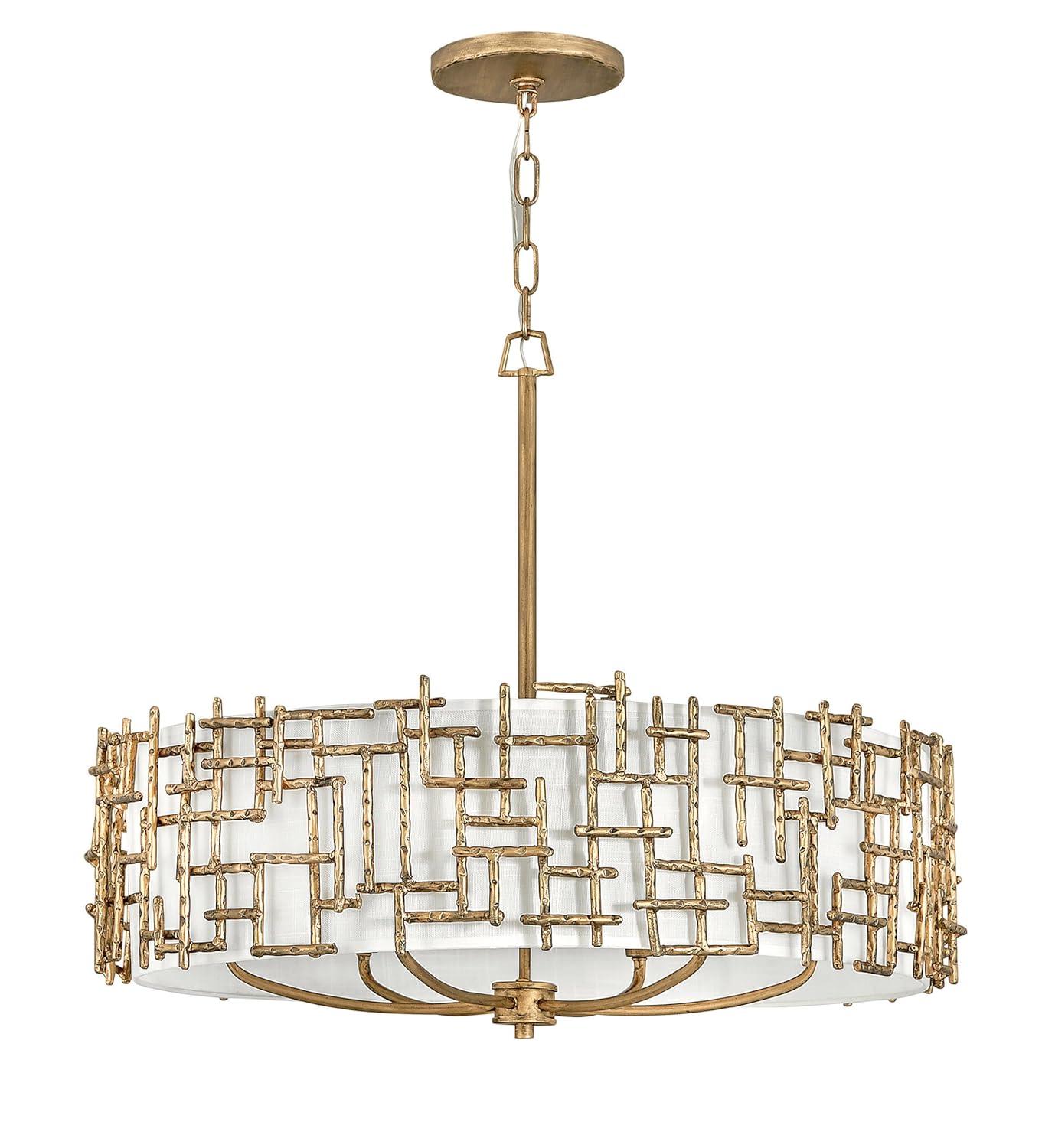 Farrah 6-Light White Linen Drum Chandelier w/ Hammered Crosshatch Bars