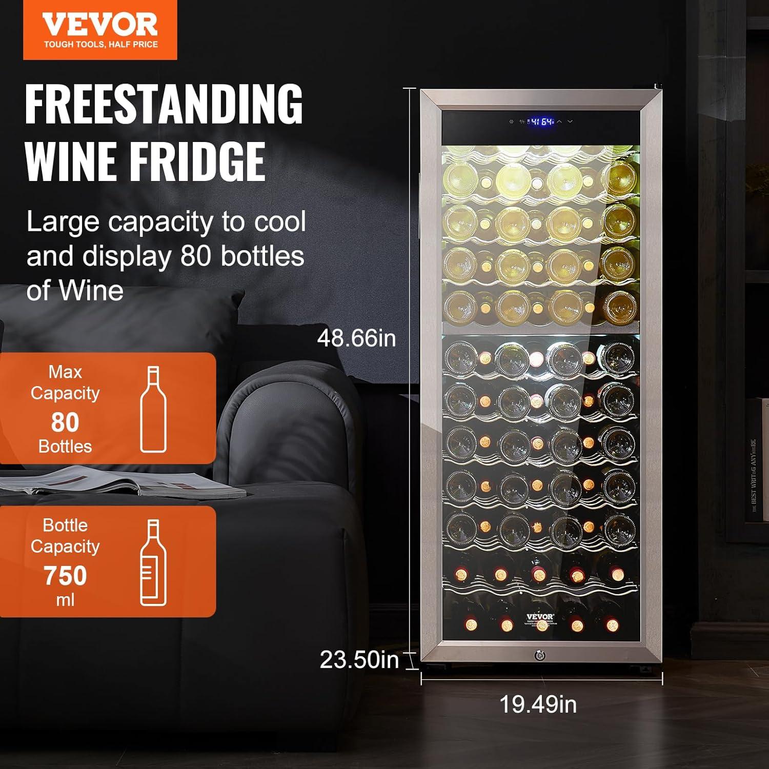 VEVOR 80-Bottle Black and Silver Dual Zone Wine Cooler with Interior Lighting