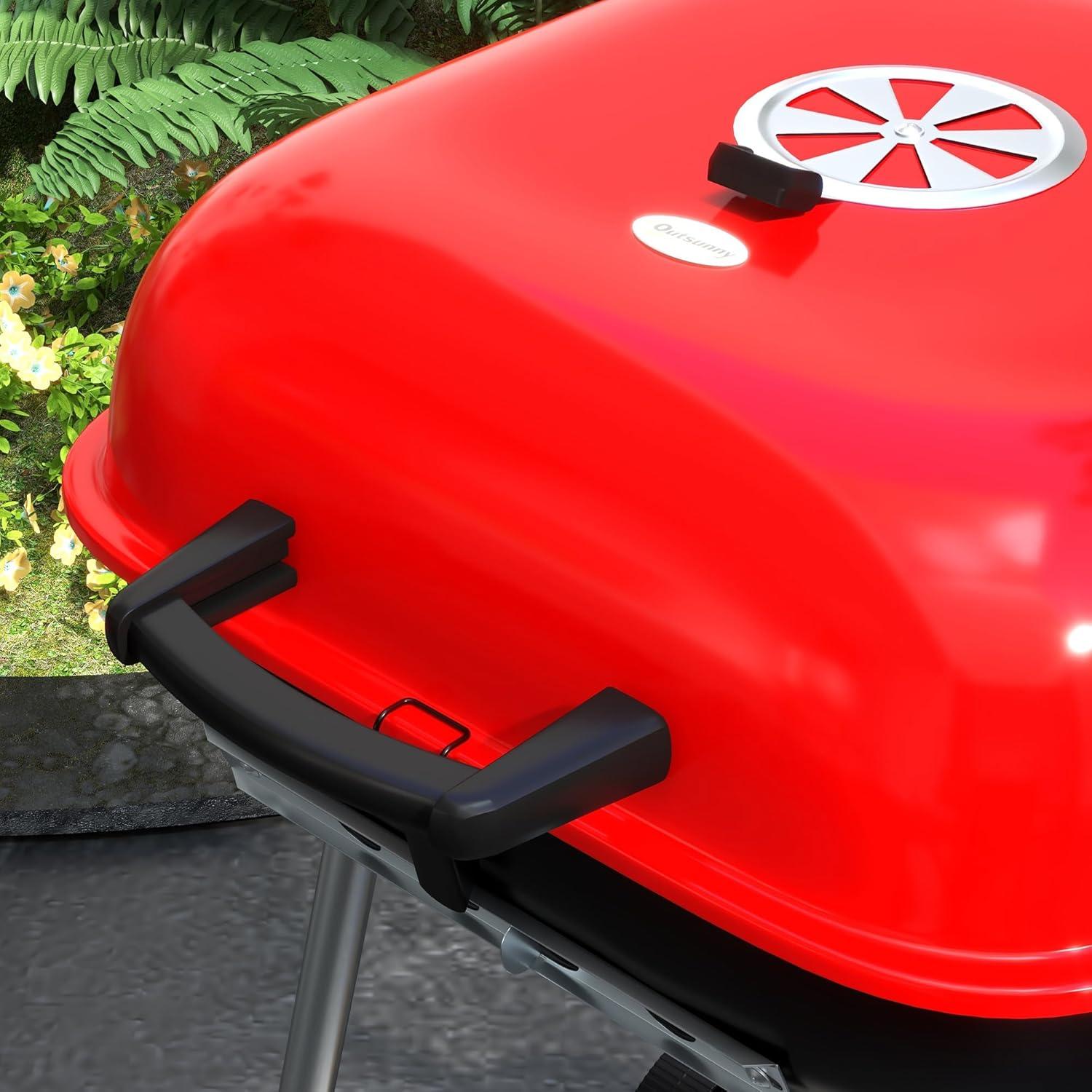 Outsunny 18" Portable Charcoal Grill with Wheels, Bottom Shelf and Adjustable Vents for Picnic, Camping, Backyard Cooking, Red