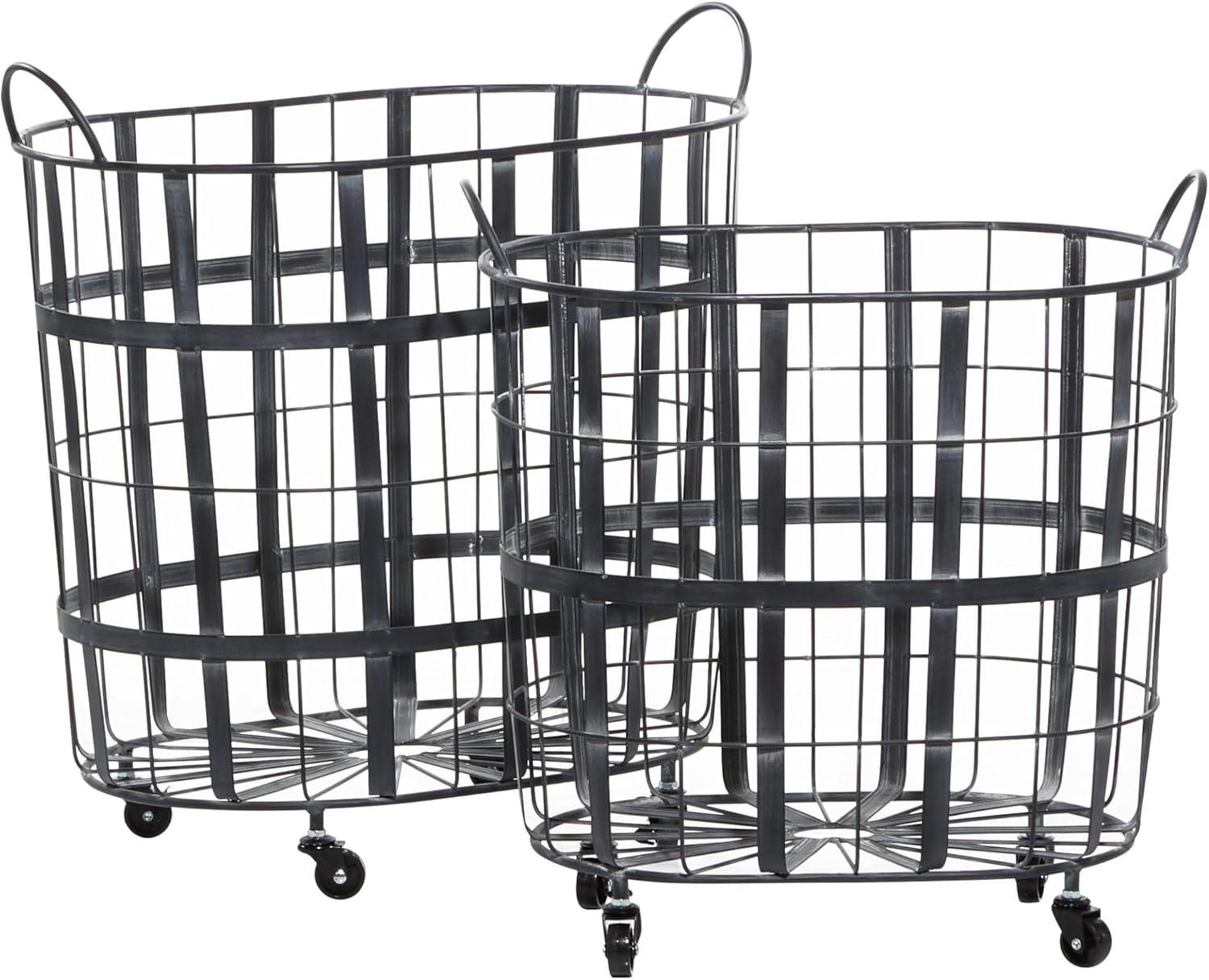 DecMode 25", 22"H Black Metal Wire Grid Storage Basket with Wheels and Handles, 2-Pieces