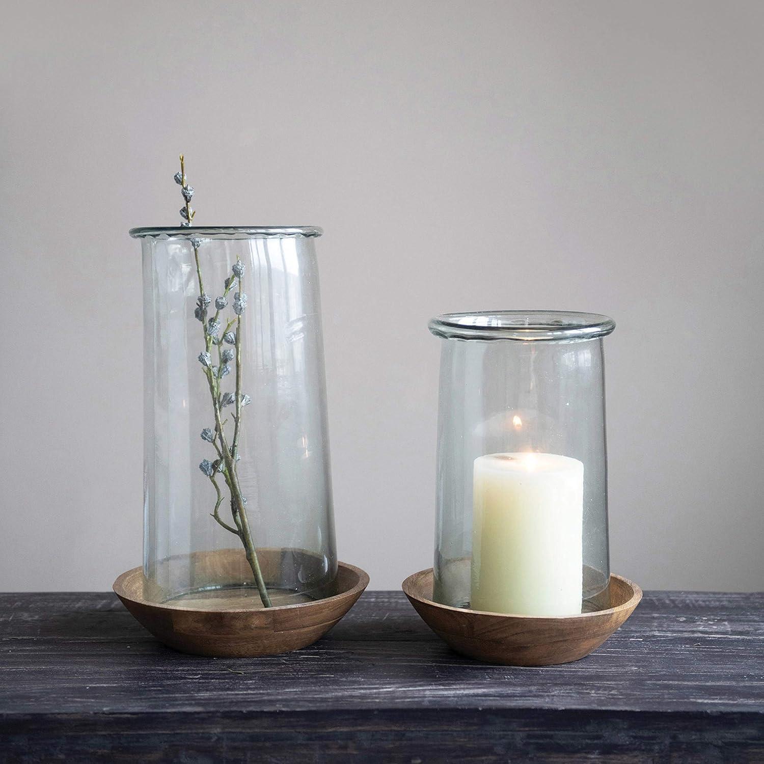 Creative Co-Op Glass Hurricane Vase with Wood Base, Clear and Natural