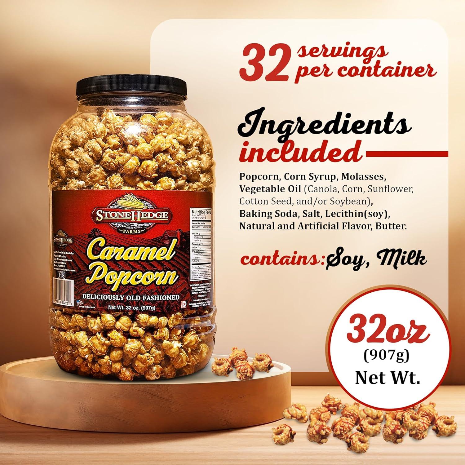 StoneHedge Farms Caramel Popcorn Deliciously Old Fashioned 32 oz. Tall Tub! 2 lbs. of Deliciousness! Made in the USA!